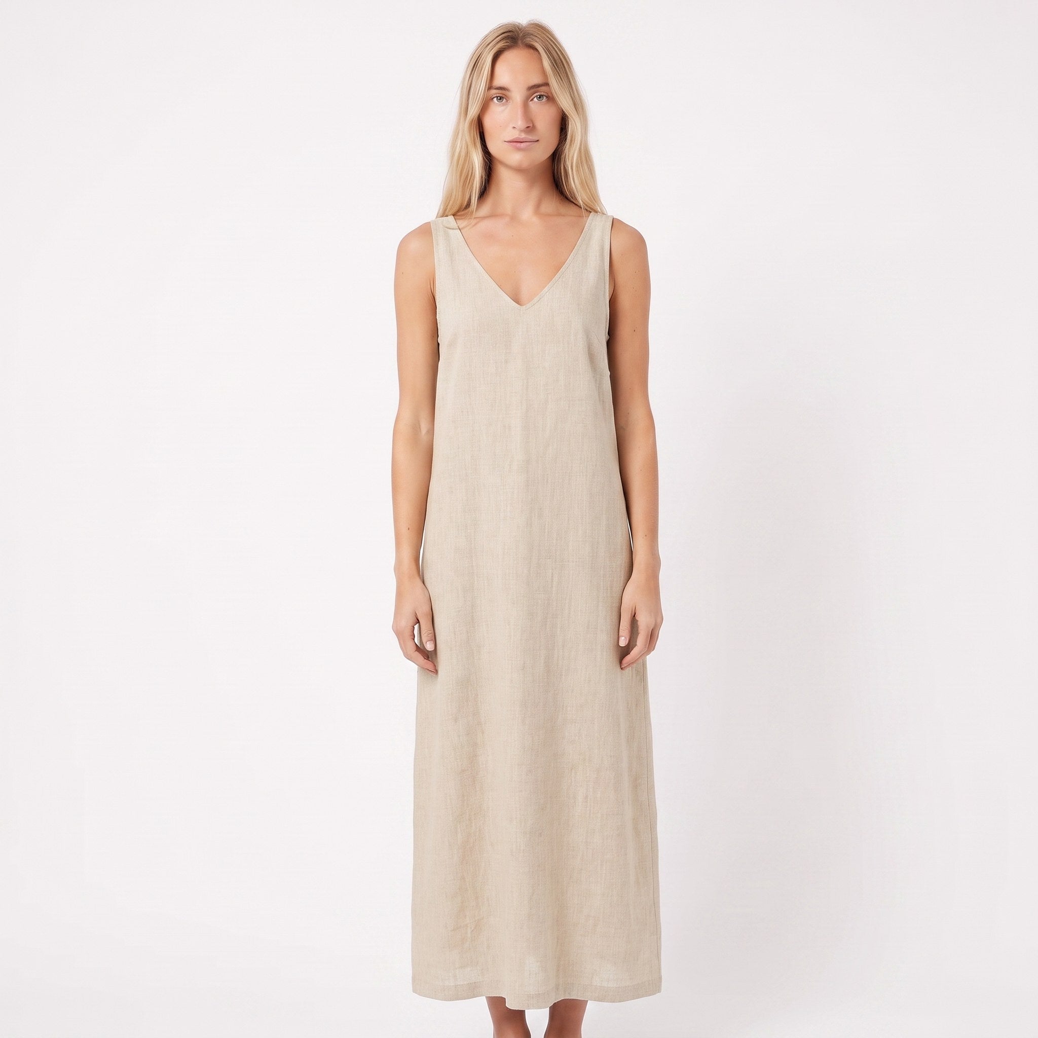 SUNSET — Sleeveless V-Neck Linen Midi Dress