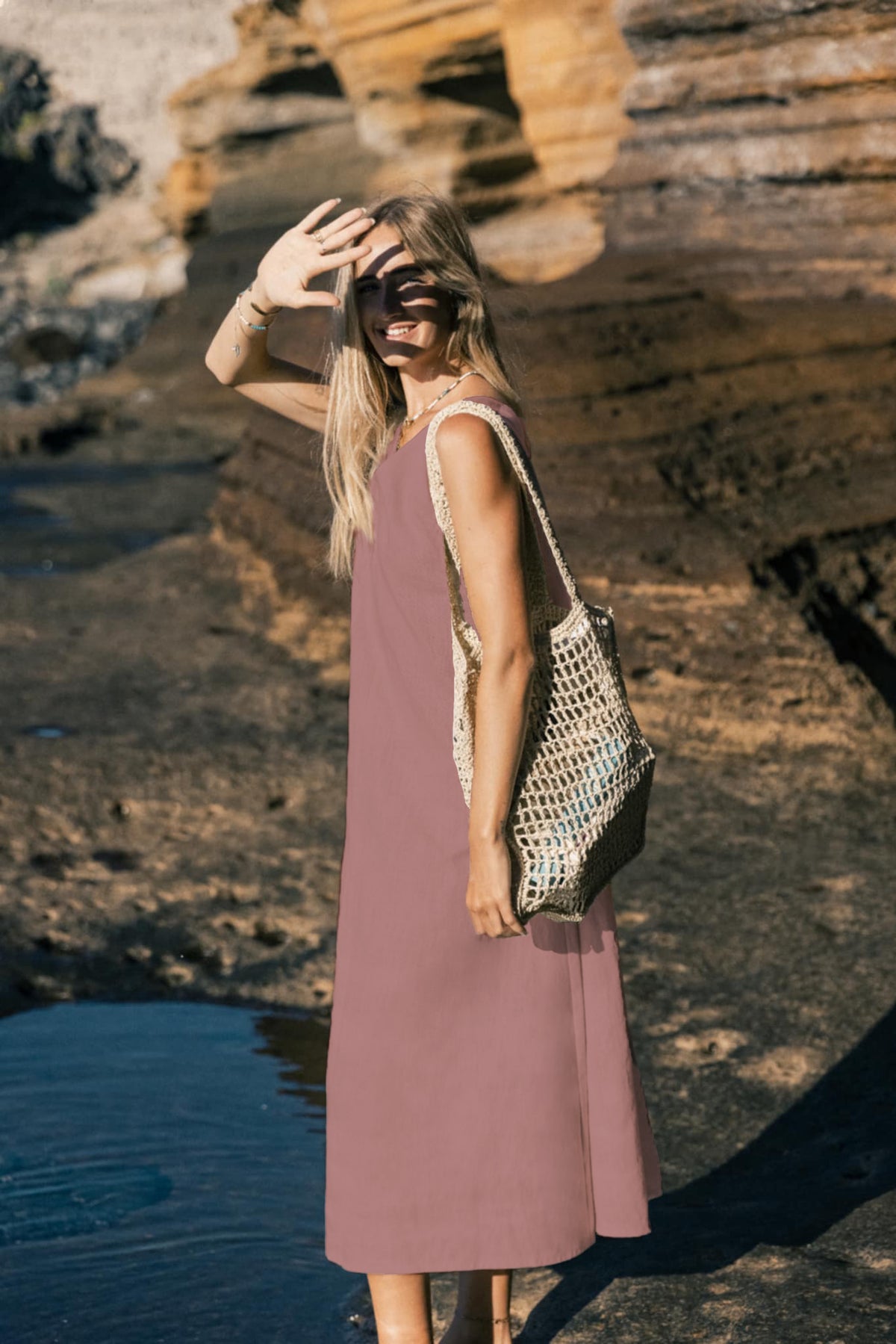 LeMuse SUNSET linen dress in dusty rose – model front full length by the cliffs #Color_Dusty rose