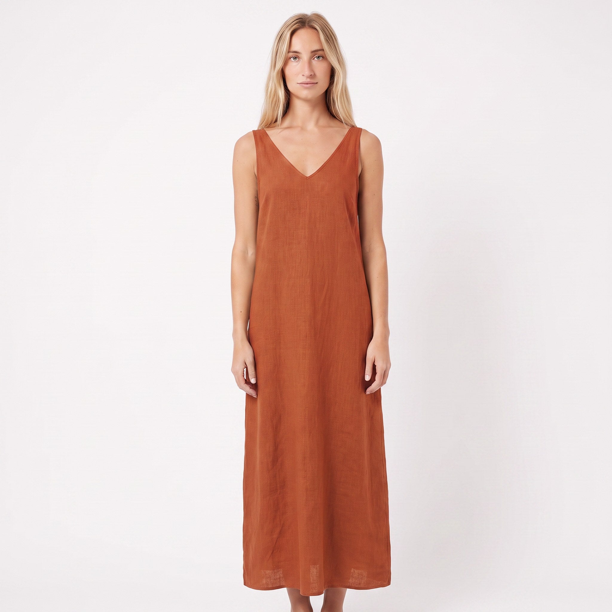 SUNSET — Sleeveless V-Neck Linen Midi Dress