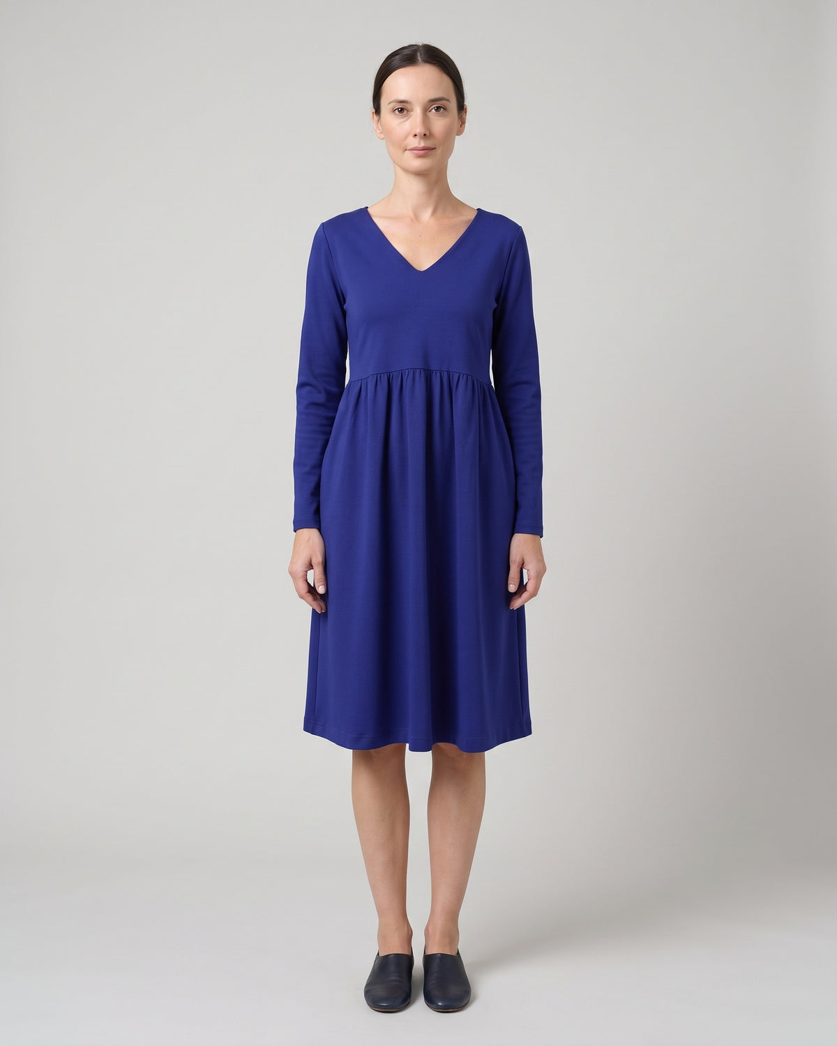 SUNSHINE Punto Milano midi dress in sapphire blue, front view, full length #Color_Sapphire blue