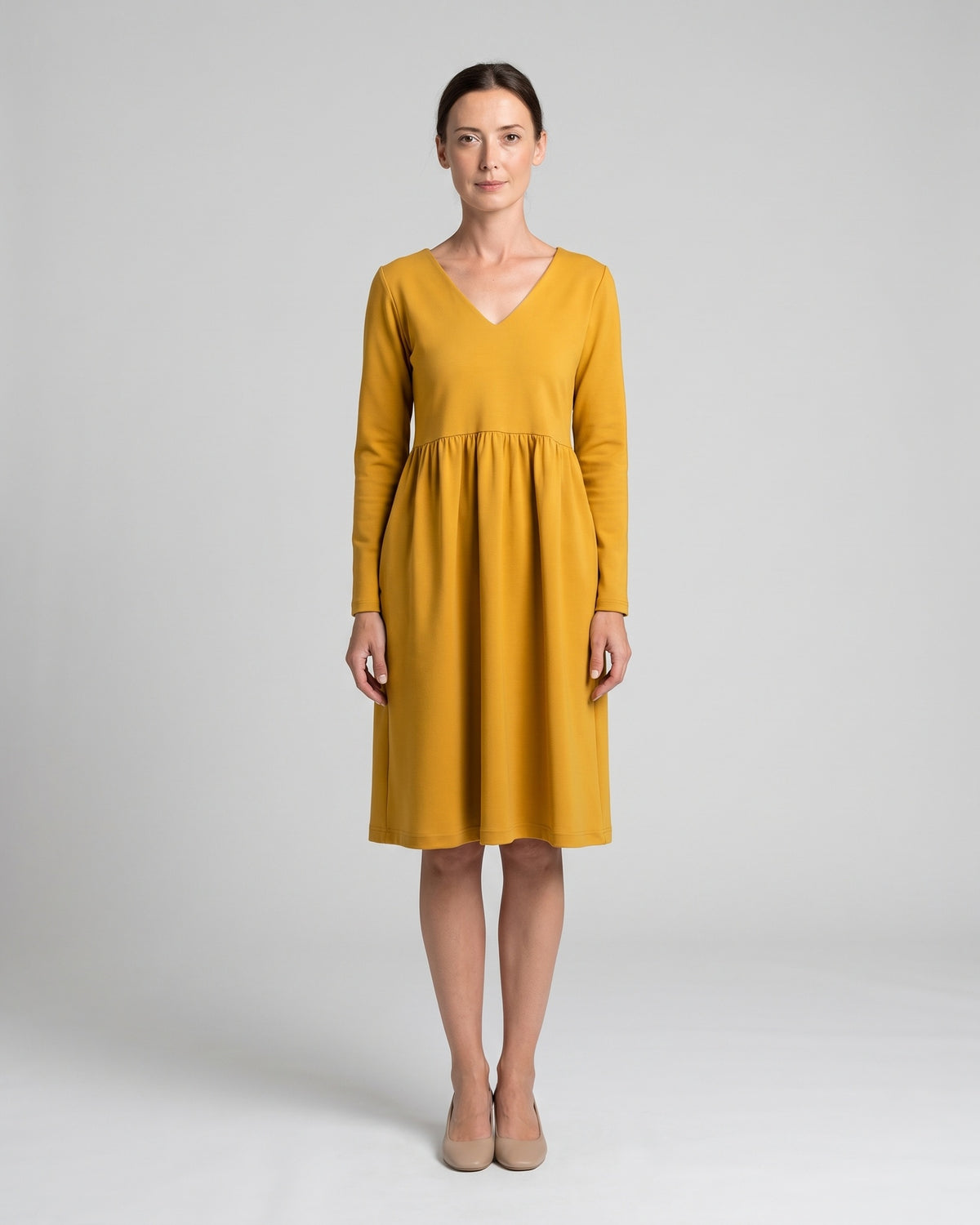 SUNSHINE Punto Milano midi dress in yellow, front view, full length #Color_Yellow