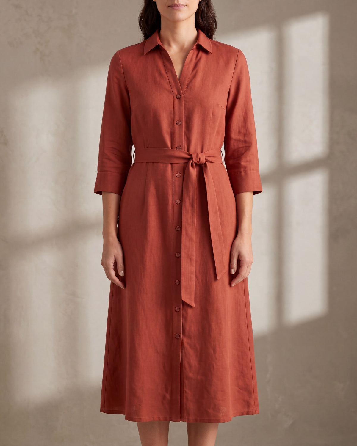 TERRA Terracotta linen midi shirt dress, close front view