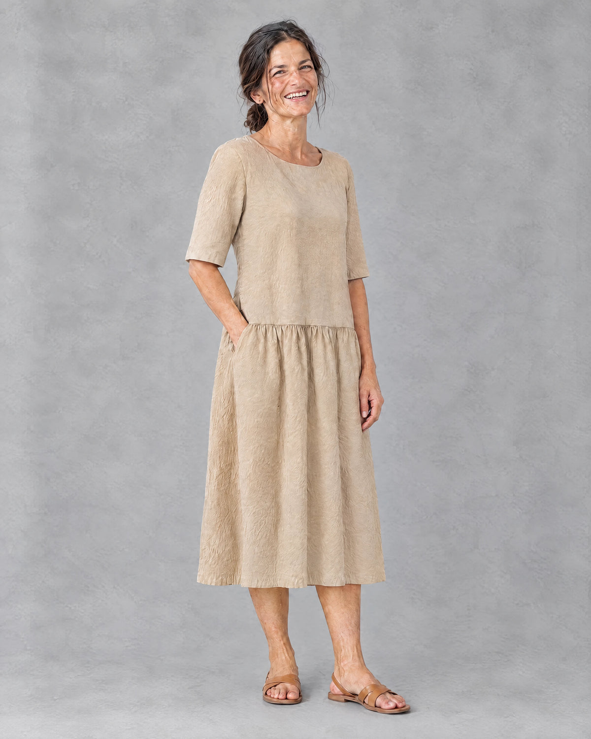 TESSA linen tiered midi dress in beige, three-quarter front view
