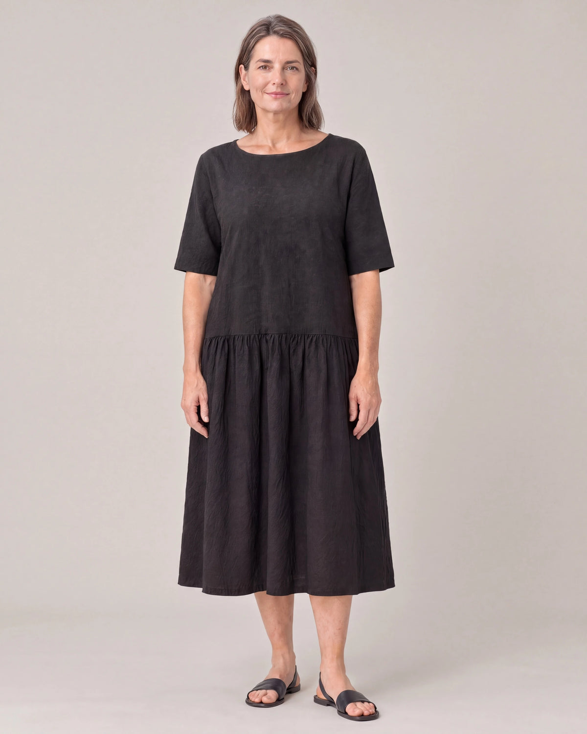TESSA black linen tiered midi dress, full-length front view