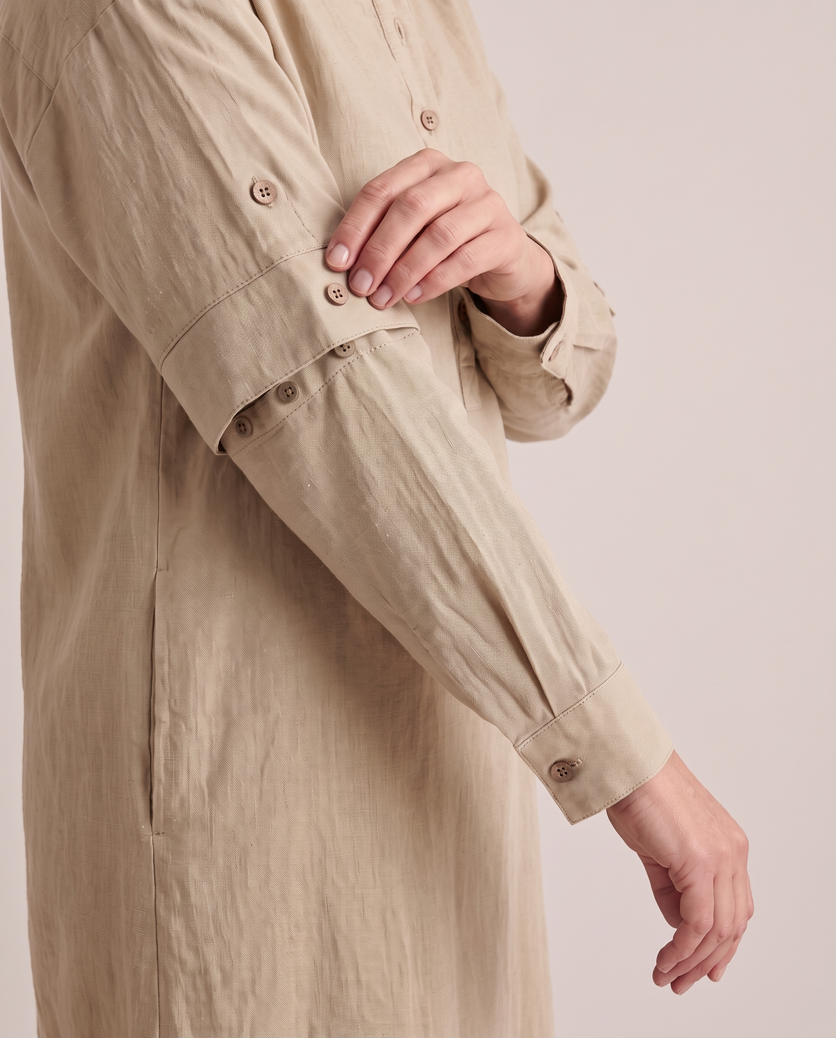 VERA linen midi dress in Beige, sleeve band and button-on long sleeve