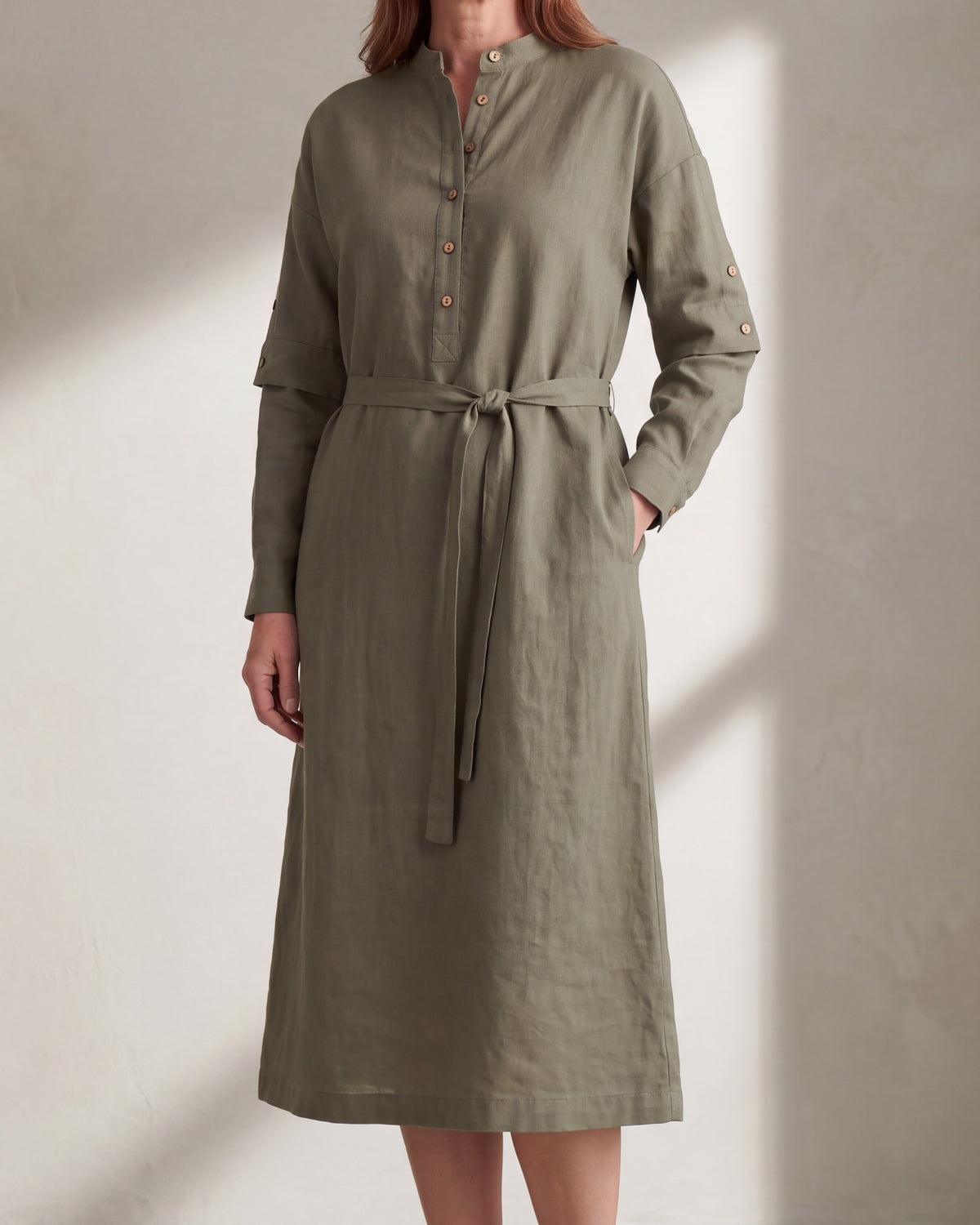 VERA linen midi dress in Olive Green with button-on long sleeves, hand in side pocket