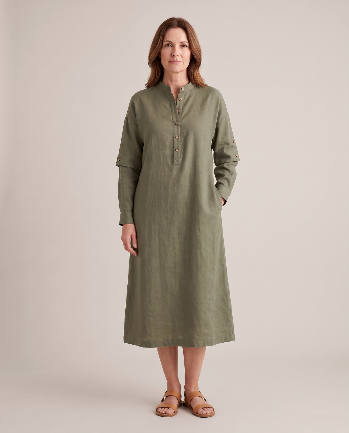 VERA linen midi dress in Olive Green, front view with band collar and long sleeves