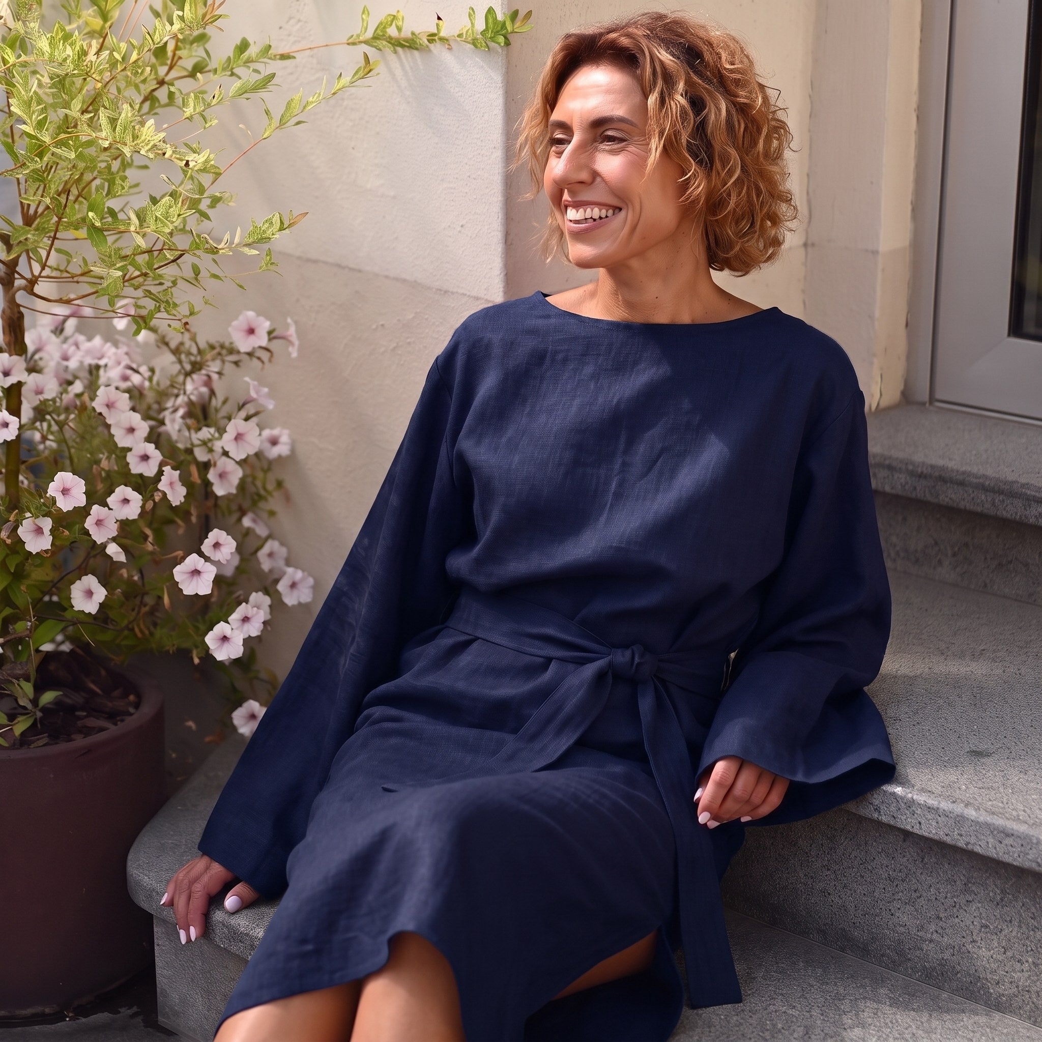 WHISPER — Stonewashed Linen Kimono-Sleeve Midi Dress