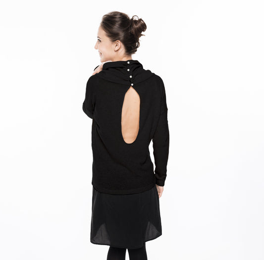 OPEN BACK sweater in black with metallic pearl buttons