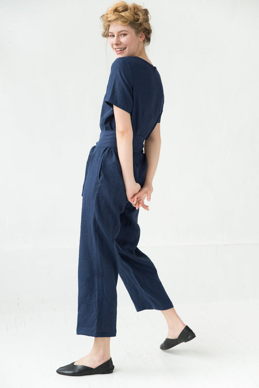 LeMuse Linen jumpsuit with sleeves AMSTERDAM, Deep Blue, M