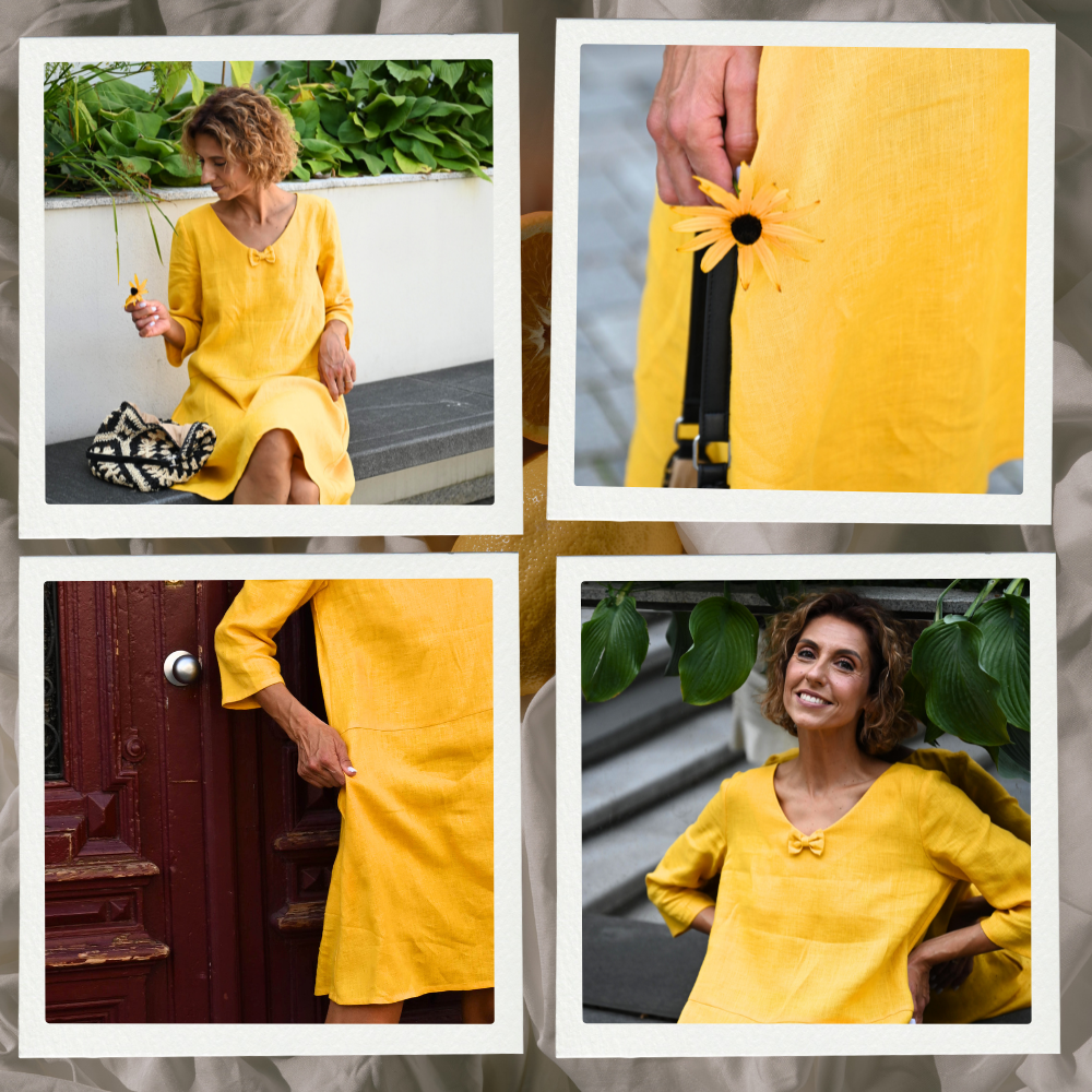 Collage: Frau in gelbem Leinenkleid mit kleiner Schleife am Ausschnitt