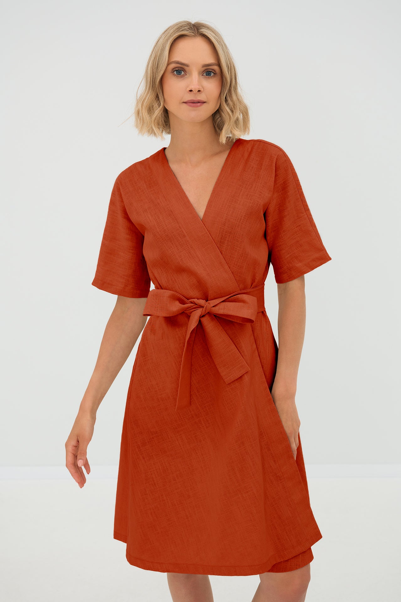 chloe linen dress — Wrap-Style with Pockets Orange / XL effortlessly pretty feel while Color::#18-Dusty Rose dress for dancing Brown Emerald Green Winter