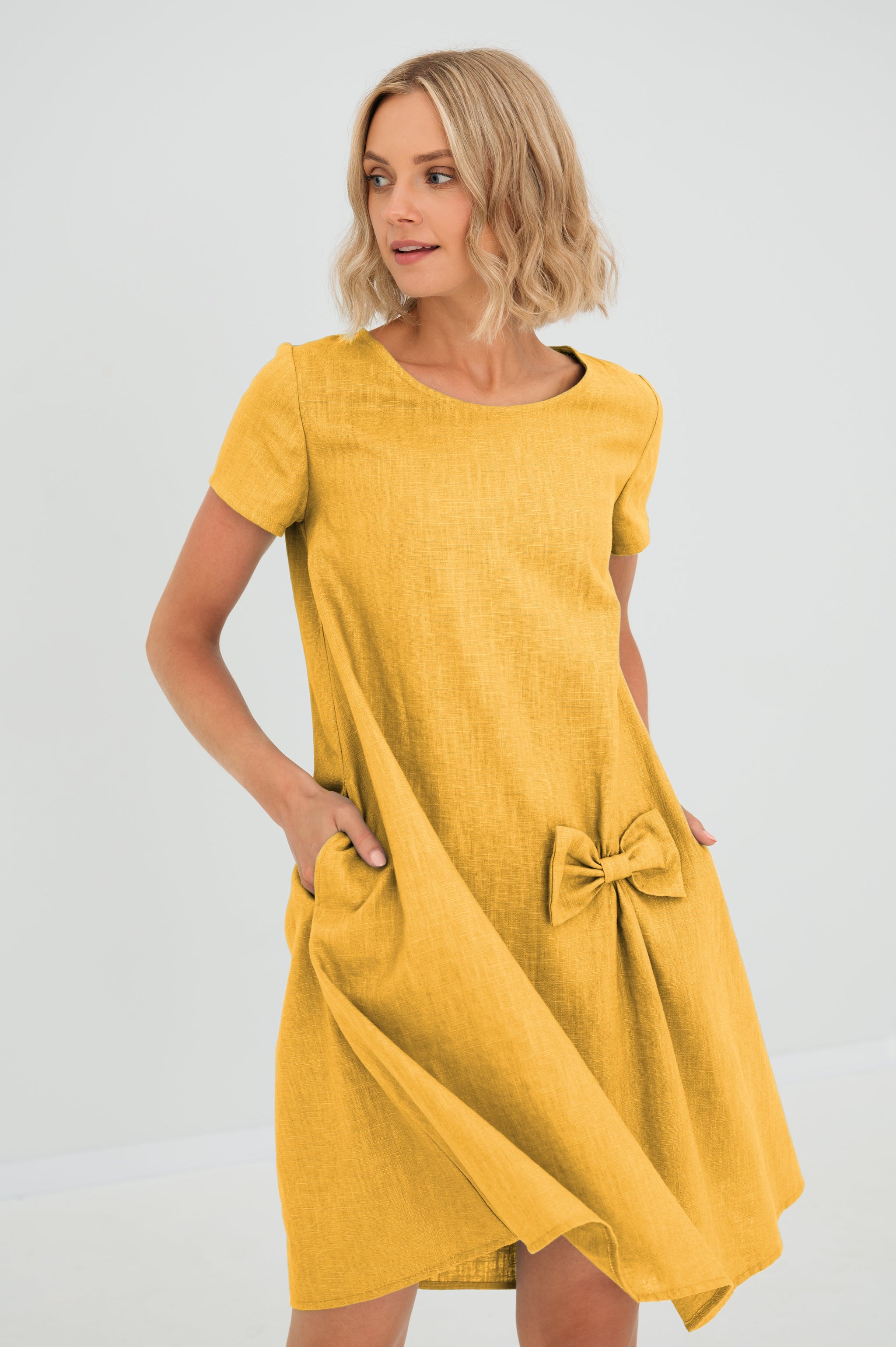 SUMMER KISS — Linen Swing Dress with a Bow Yellow / S
