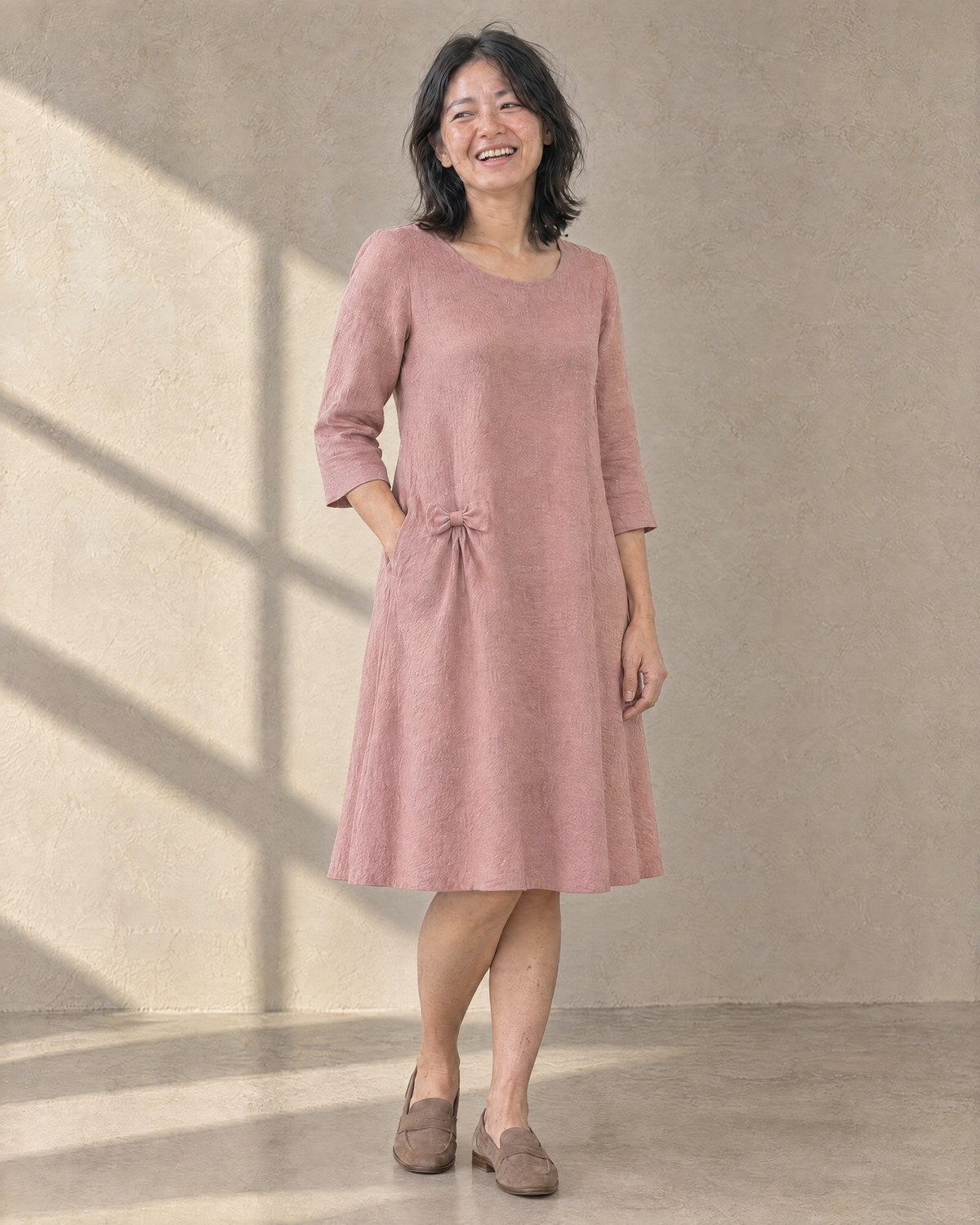 ADELE dusty rose linen swing dress, three-quarter view