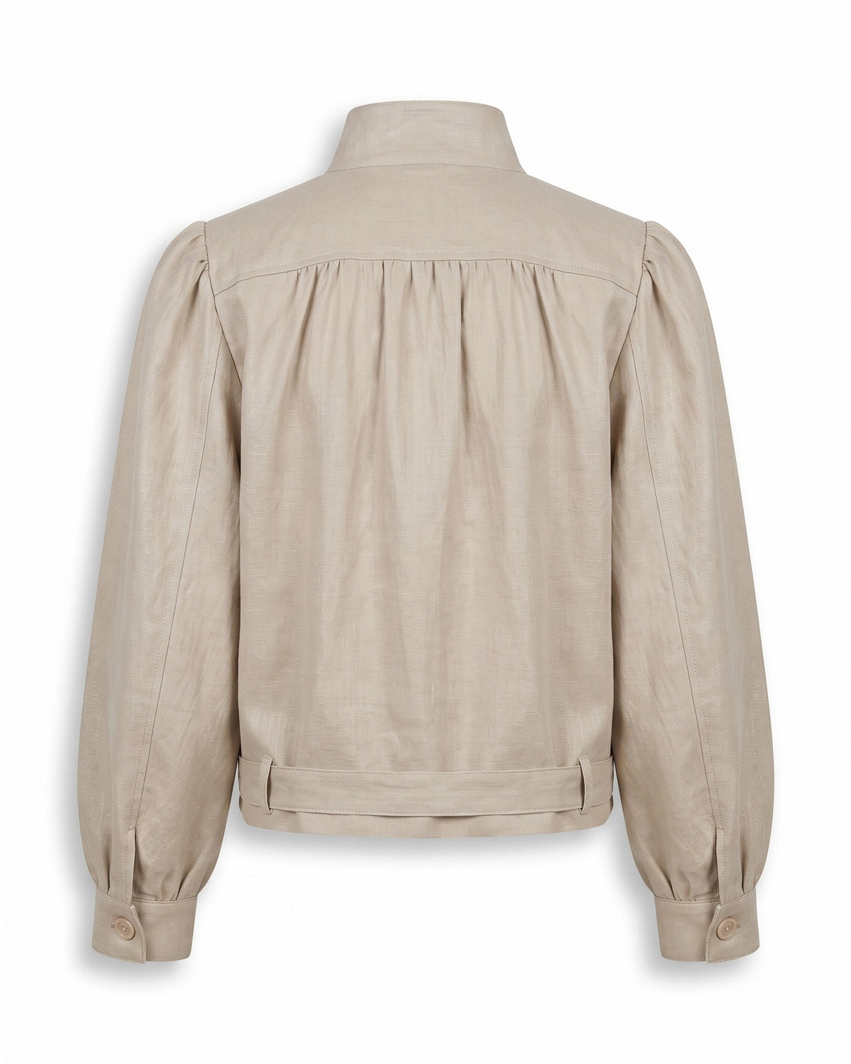 A light beige linen jacket with a high collar, long balloon sleeves, and a gathered back design, shown from the back on a white background. #Color_Beige