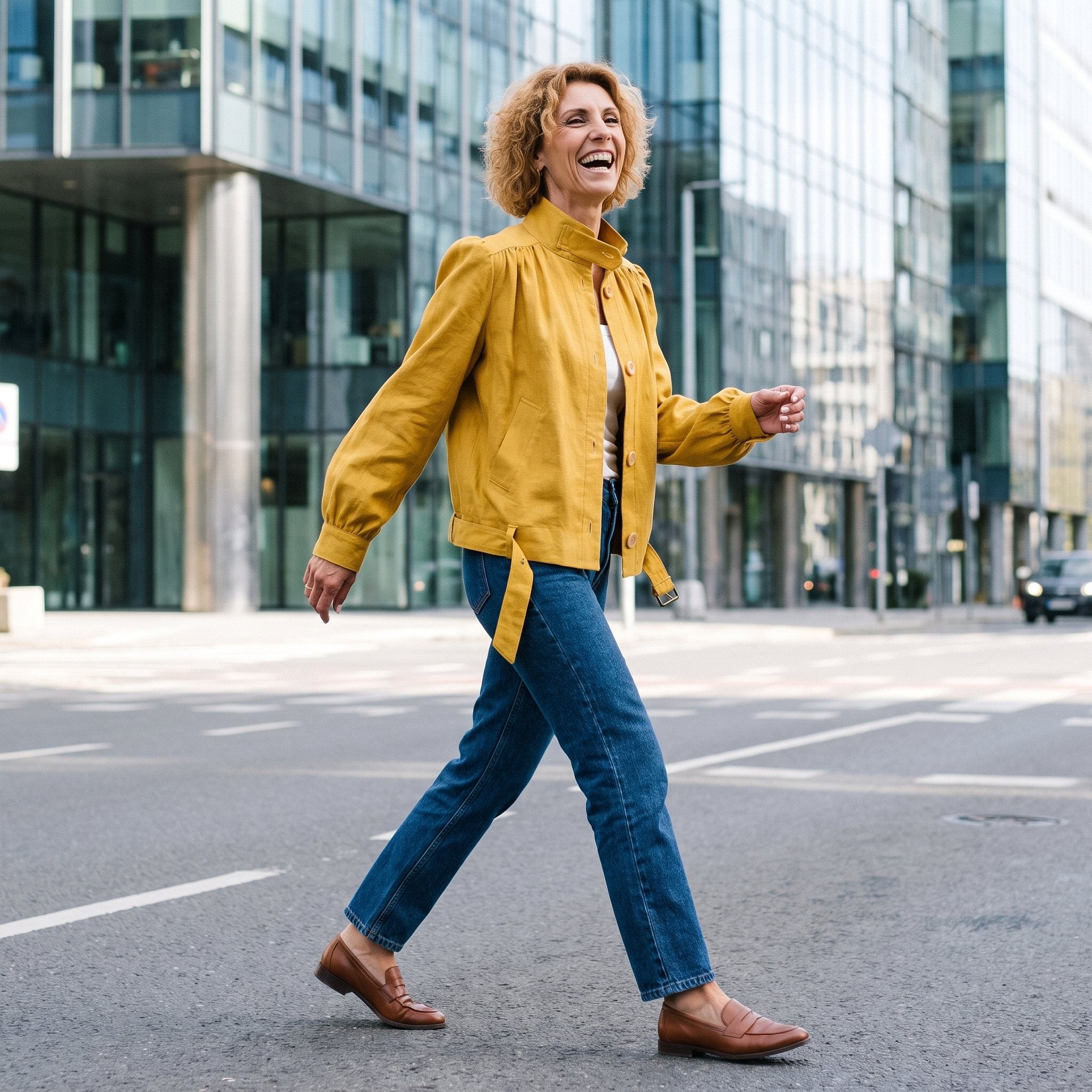A woman walking across a city street wearing a mustard yellow jacket, blue jeans, and brown leather loafers, with modern glass buildings in the background. #Color_Ochre