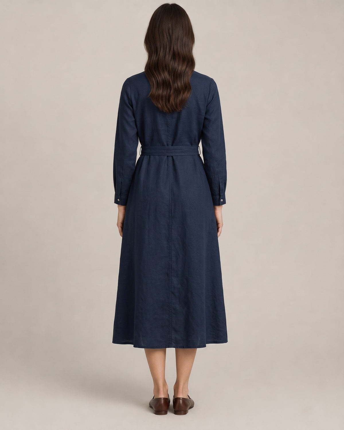 AUTUMN – tamsiai mėlyna lininė suknelė, nugara #Color_Deep blue