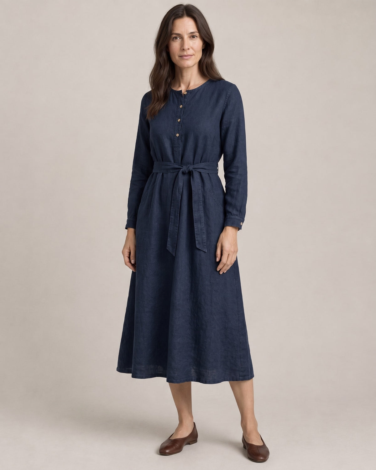AUTUMN – tamsiai mėlyna lininė suknelė, priekis #Color_Deep blue