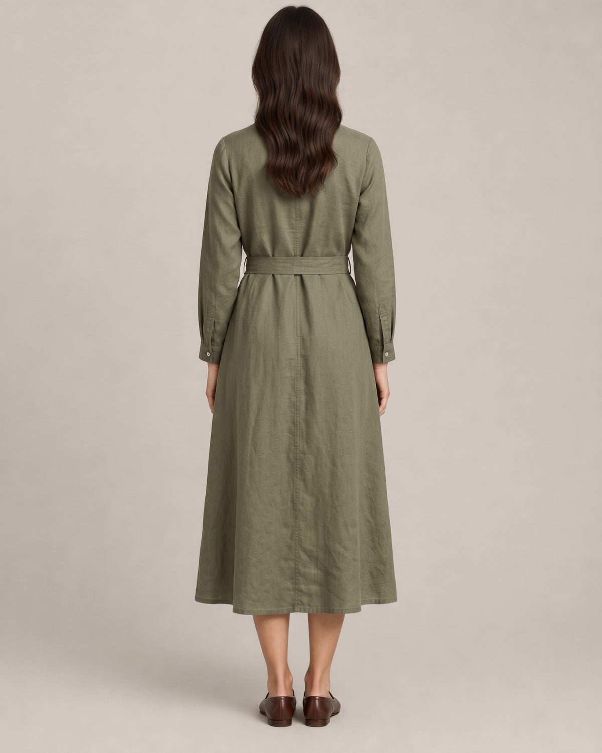 AUTUMN – alyvuogių žalia lininė suknelė, nugara #Color_Olive green