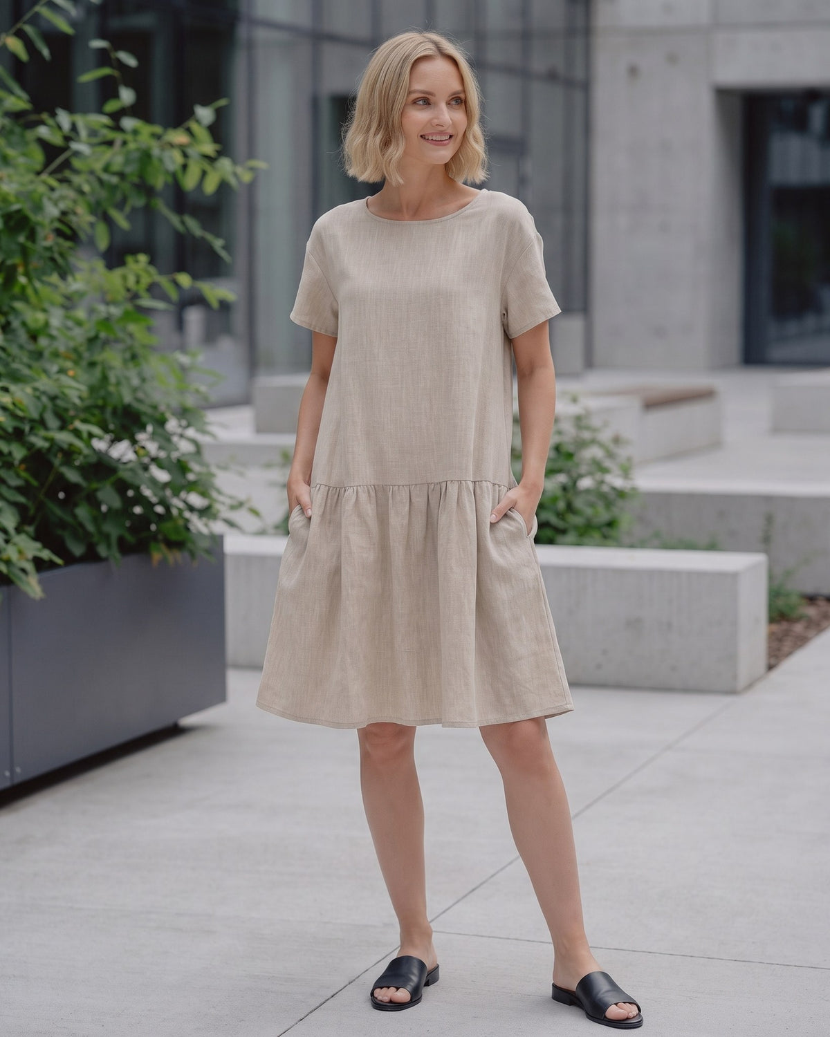 LeMuse BLOSSOM linen dress in beige – lifestyle outdoors #Color_Beige