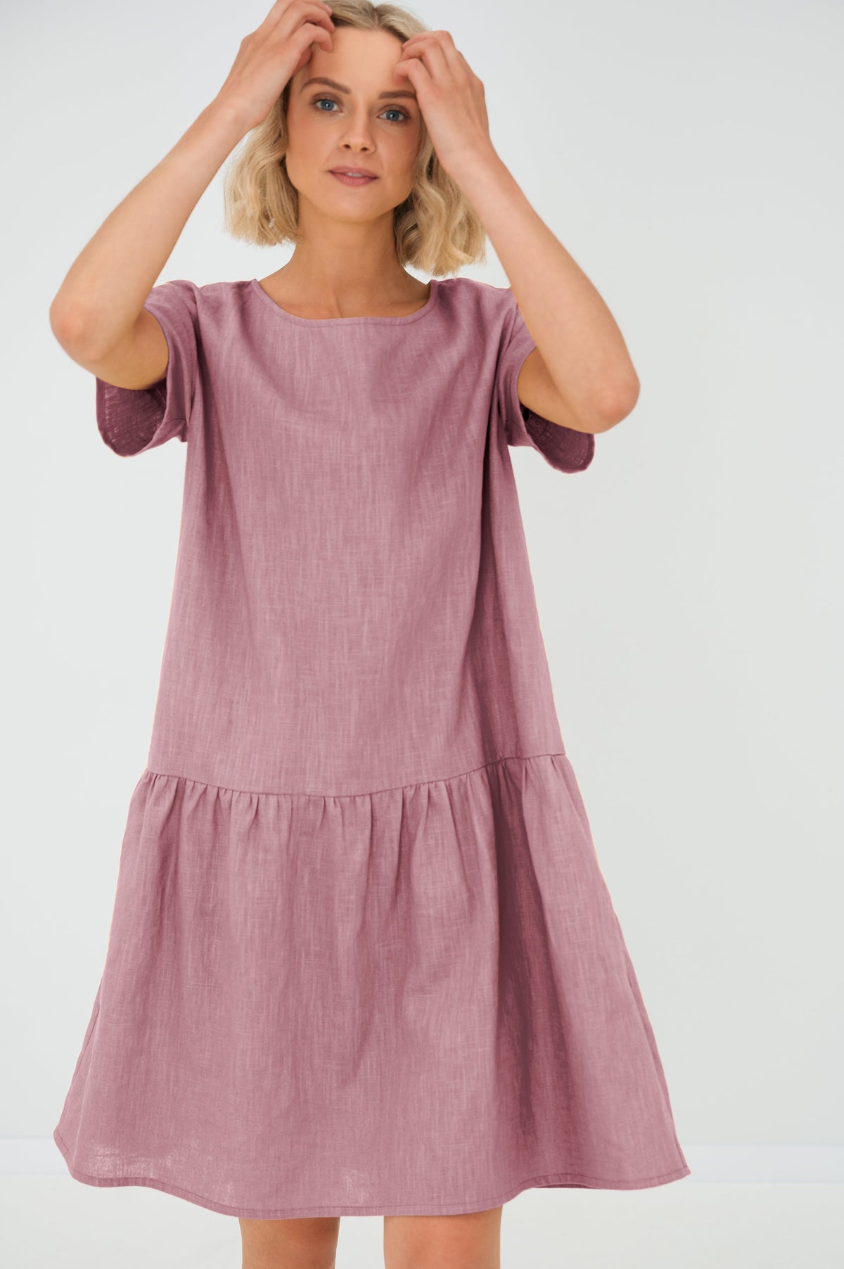 LeMuse BLOSSOM linen dress in dusty rose – studio front #Color_Dusty rose