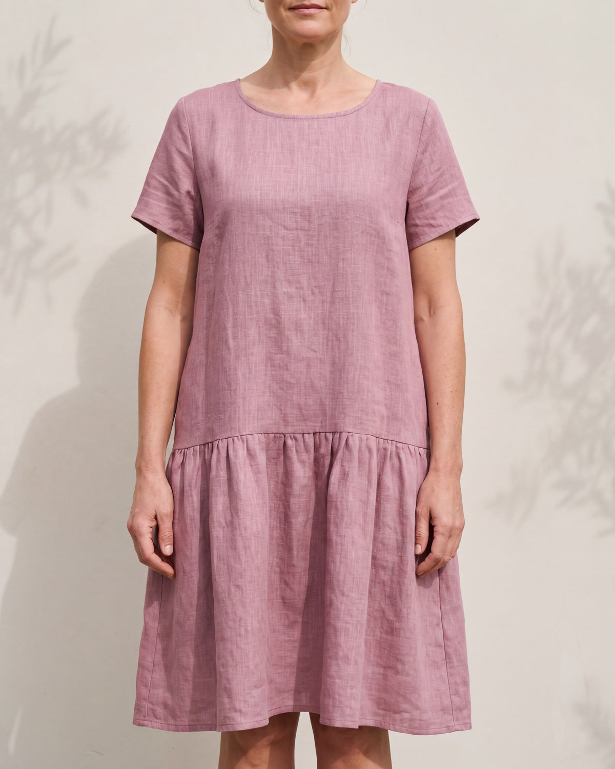 BLOSSOM Dusty rose linen blend tiered midi dress, close front view