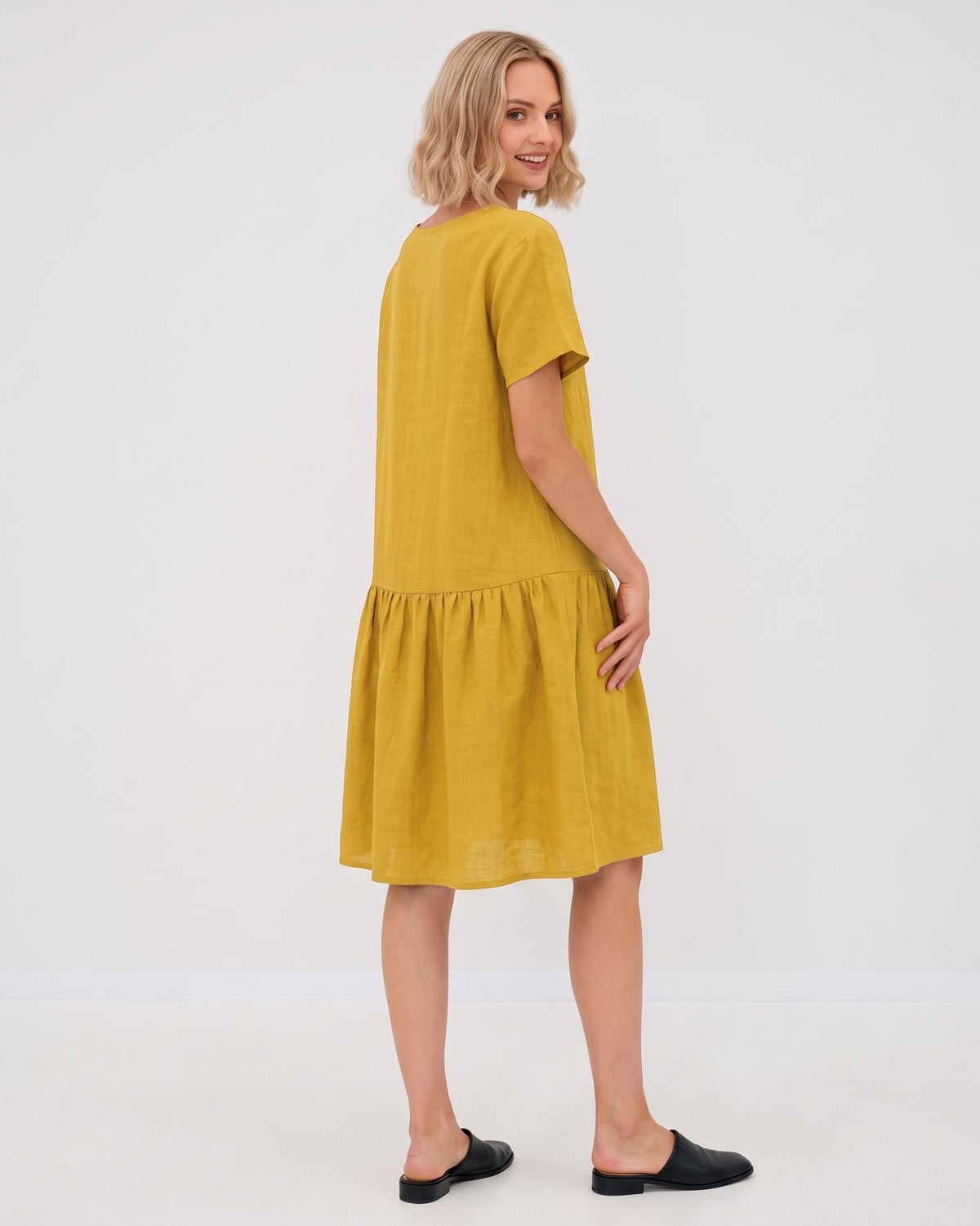 LeMuse BLOSSOM linen dress in ochre – studio back #Color_Ochre