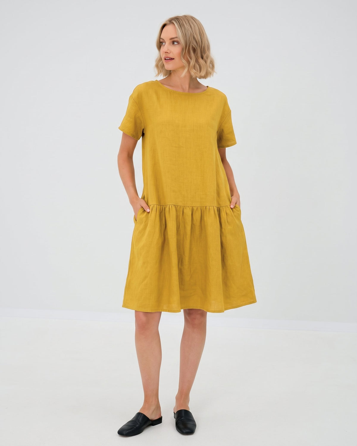 LeMuse BLOSSOM linen dress in ochre – studio front #Color_Ochre