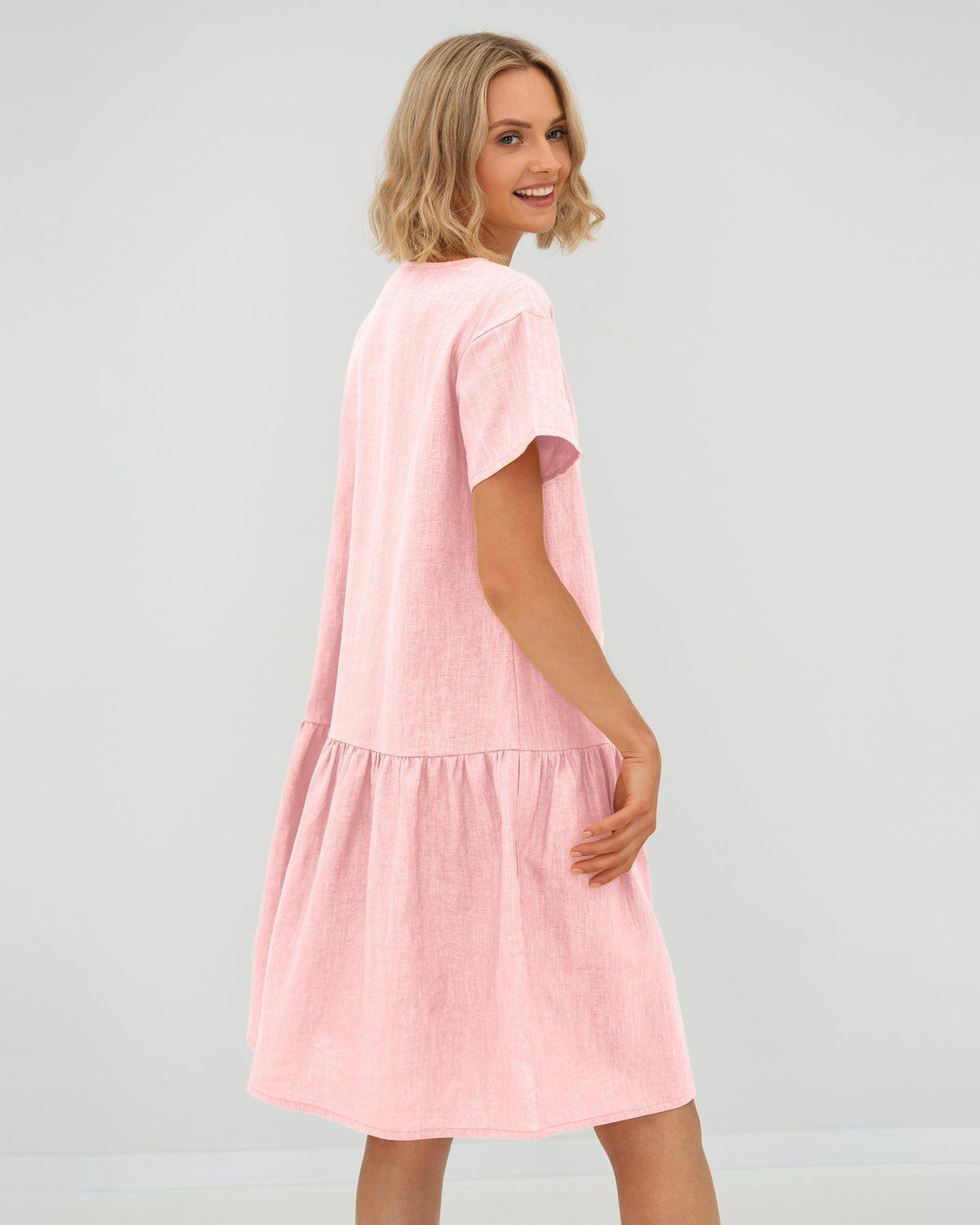 LeMuse BLOSSOM linen dress in rose – studio back #Color_Rose