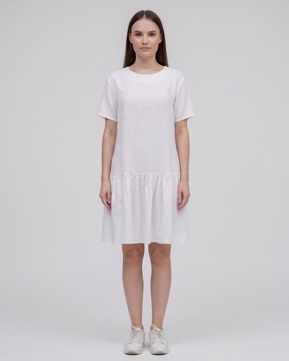 LeMuse BLOSSOM linen dress in white – studio front full length #Color_White