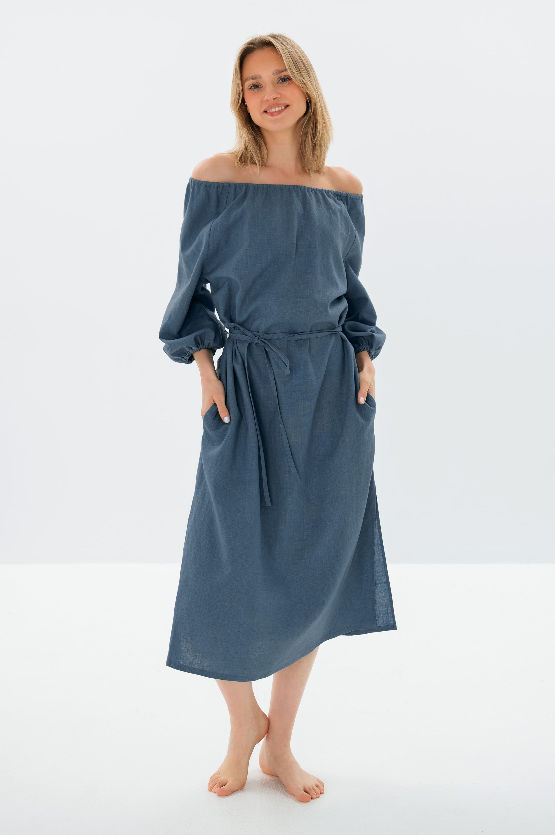 MOON — Off-Shoulder Stonewashed Linen Midi Dress