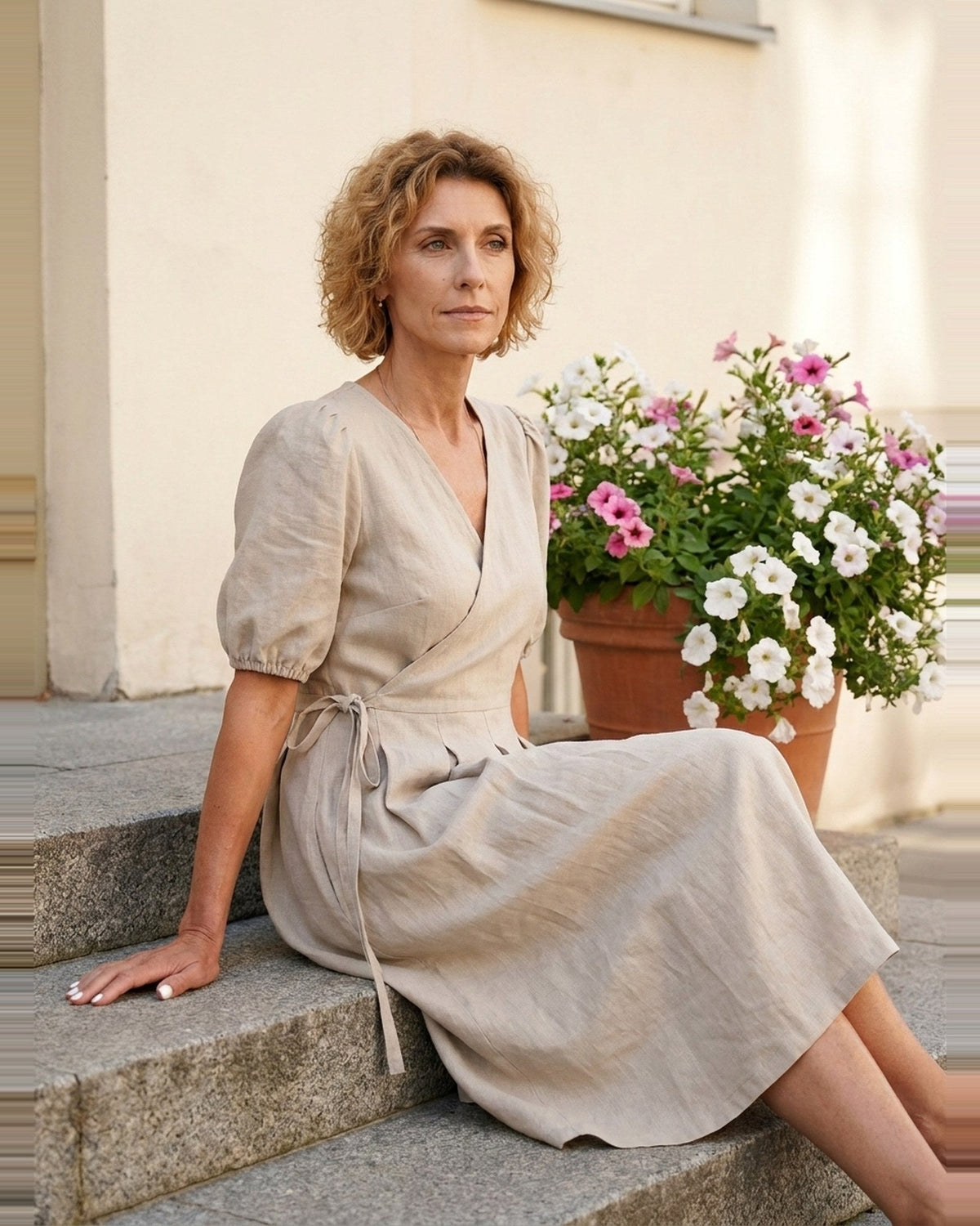 BONNIE – Linen Blend Puff Sleeve Tie-Waist Midi Dress – Beige suknelė, back view, full length in studio #Color_Beige