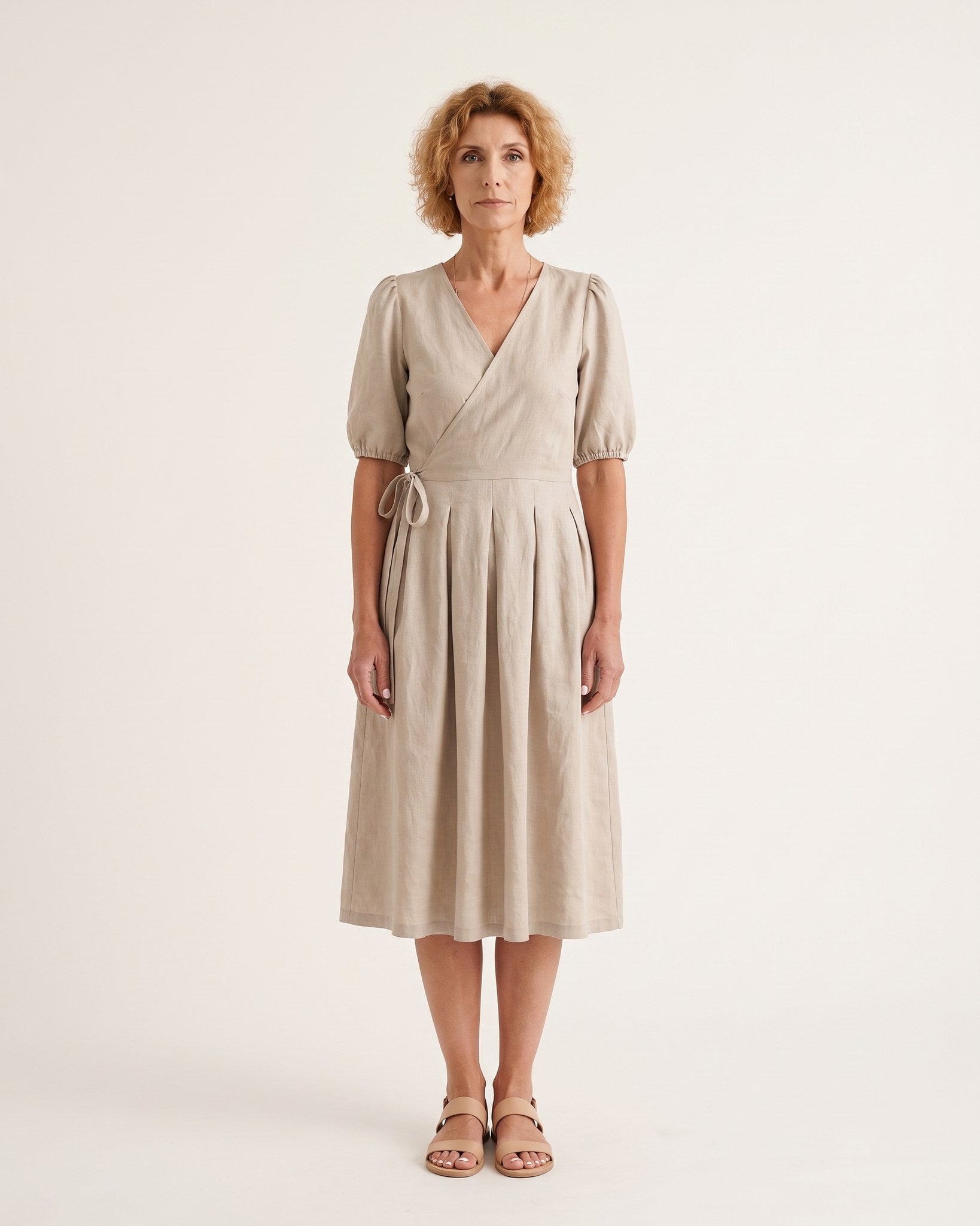 BONNIE – Linen Blend Puff Sleeve Tie-Waist Midi Dress | LeMuse