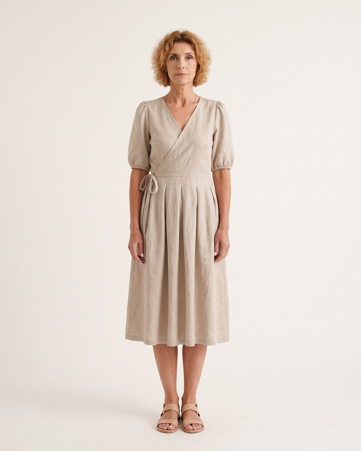 BONNIE – Linen Blend Puff Sleeve Tie-Waist Midi Dress – Beige suknelė, front view, full length in studio #Color_Beige