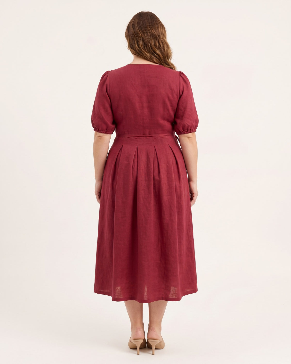 BONNIE – Linen Blend Puff Sleeve Tie-Waist Midi Dress – Burgundy suknelė, back view, full length in studio #Color_Burgundy