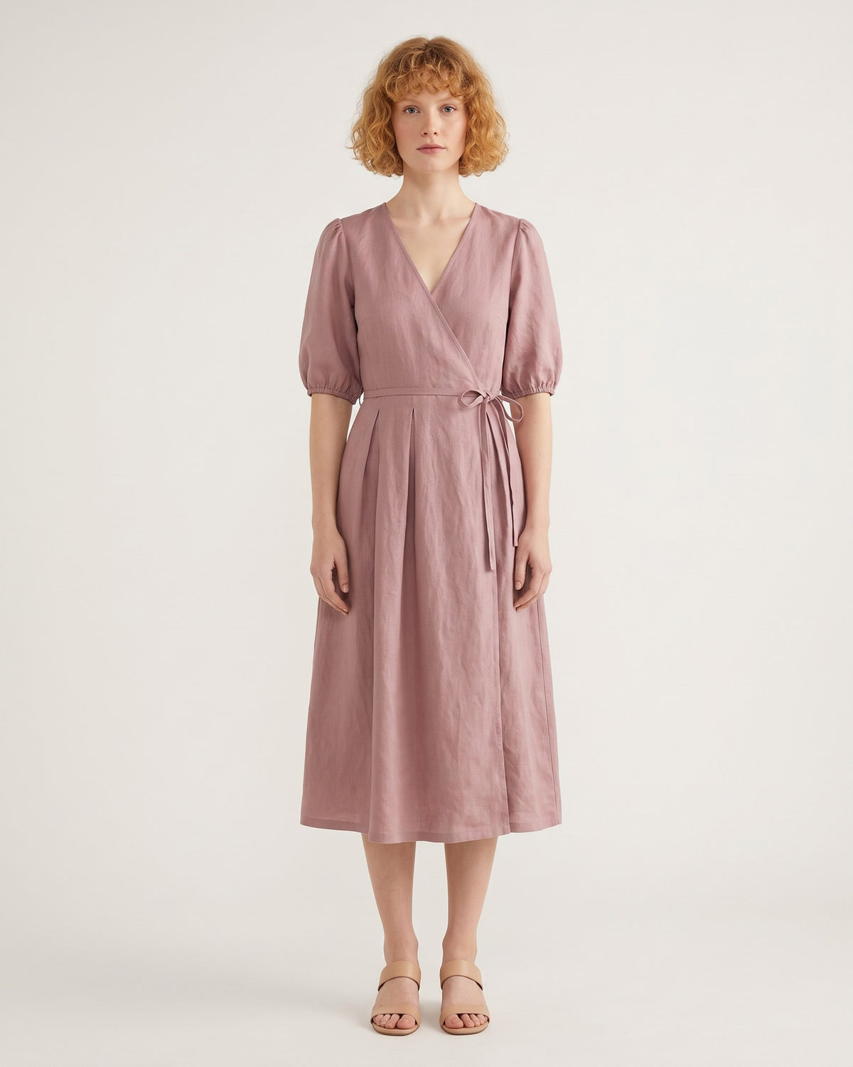 BONNIE – Linen Blend Puff Sleeve Tie-Waist Midi Dress – Dusty rose suknelė, front view, full length in studio #Color_Dusty rose