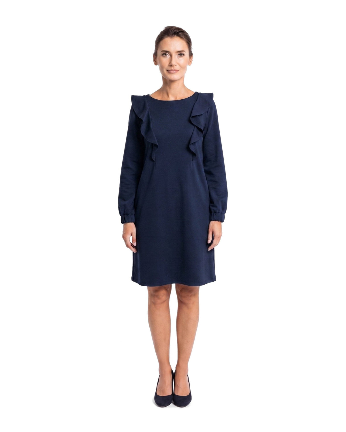BUTTERFLY – Italian Punto Milano Ruffle A-Line Dress – deep blue dress, front view: long-sleeve knit dress with a round neckline and two matching ruffles from the shoulders, full length on a white background #Color_Deep blue