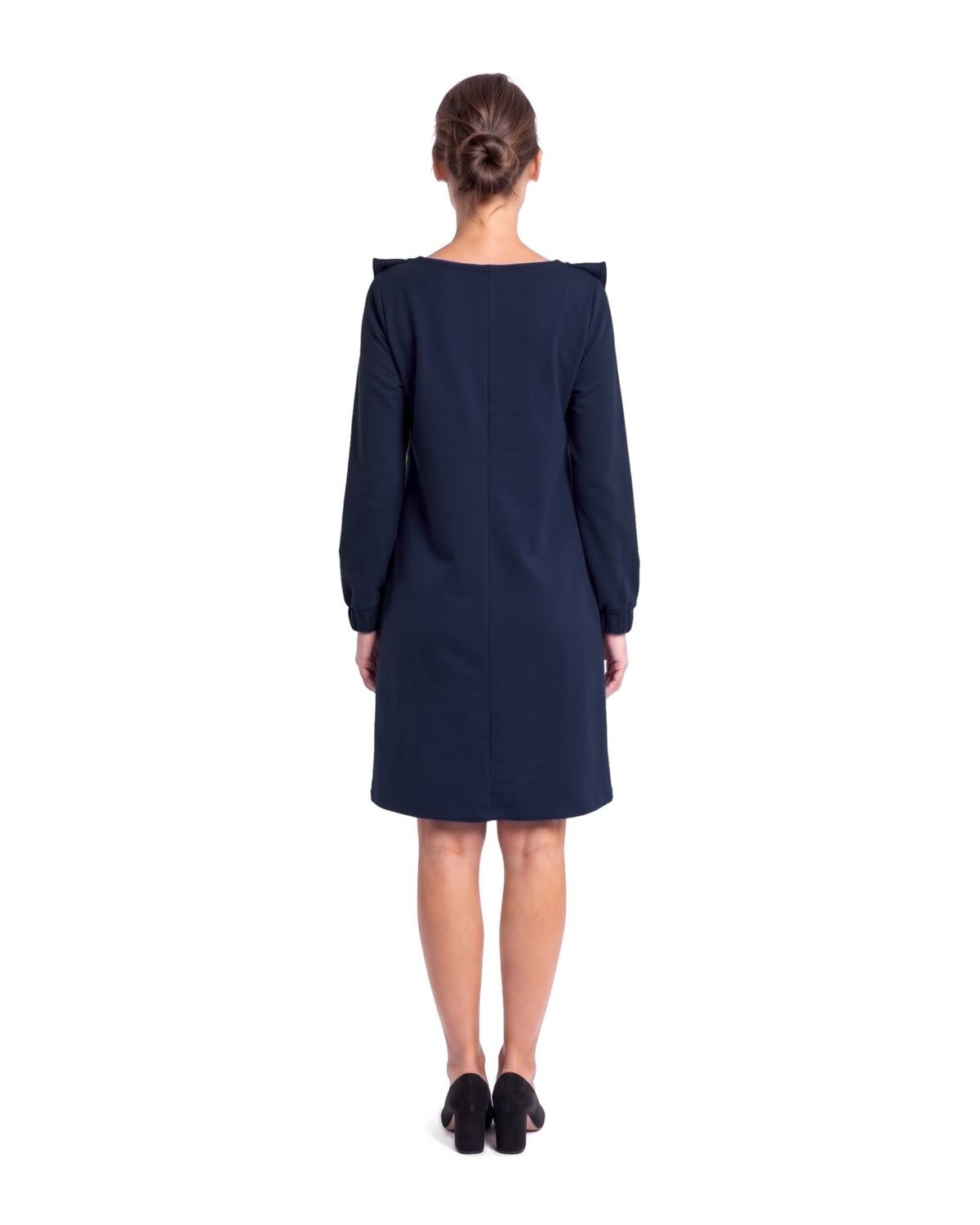 BUTTERFLY – Italian Punto Milano Ruffle A-Line Dress – deep blue dress, back view: centre back seam and long sleeves with elastic cuffs, full length on a white background