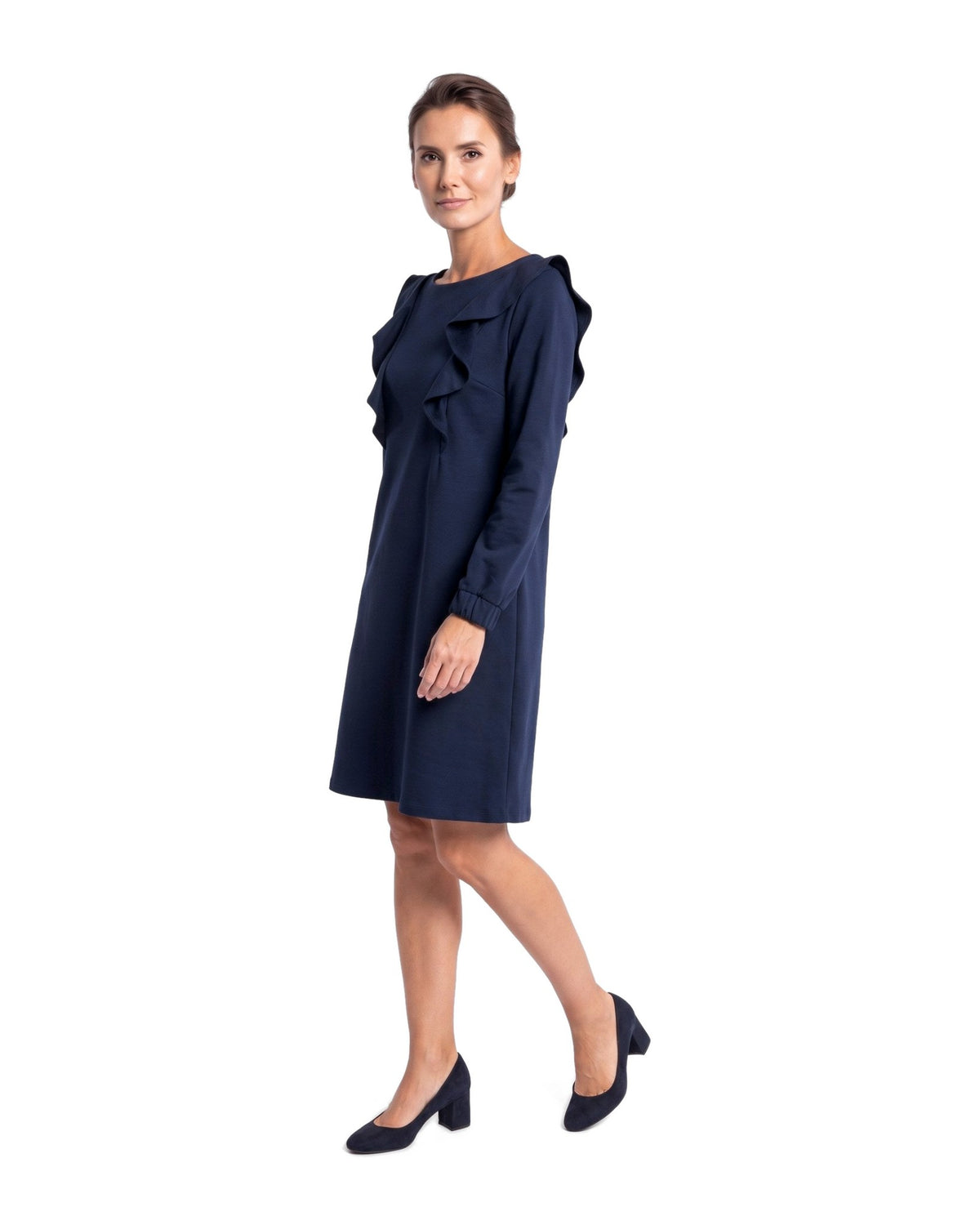 BUTTERFLY – Italian Punto Milano Ruffle A-Line Dress – deep blue dress, three-quarter side view in motion showing the two front ruffles and the A-line drape #Color_Deep blue