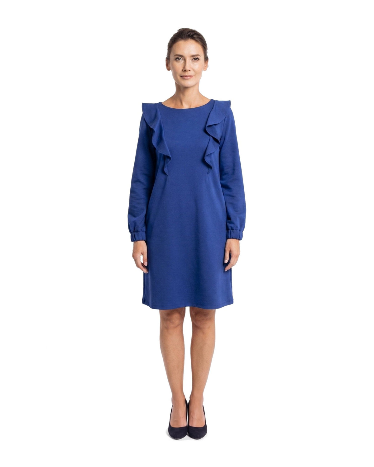 BUTTERFLY – Italian Punto Milano Ruffle A-Line Dress – sapphire blue dress, front view: long-sleeve knit dress with a round neckline and two matching ruffles from the shoulders, full length on a white background #Color_Sapphire blue