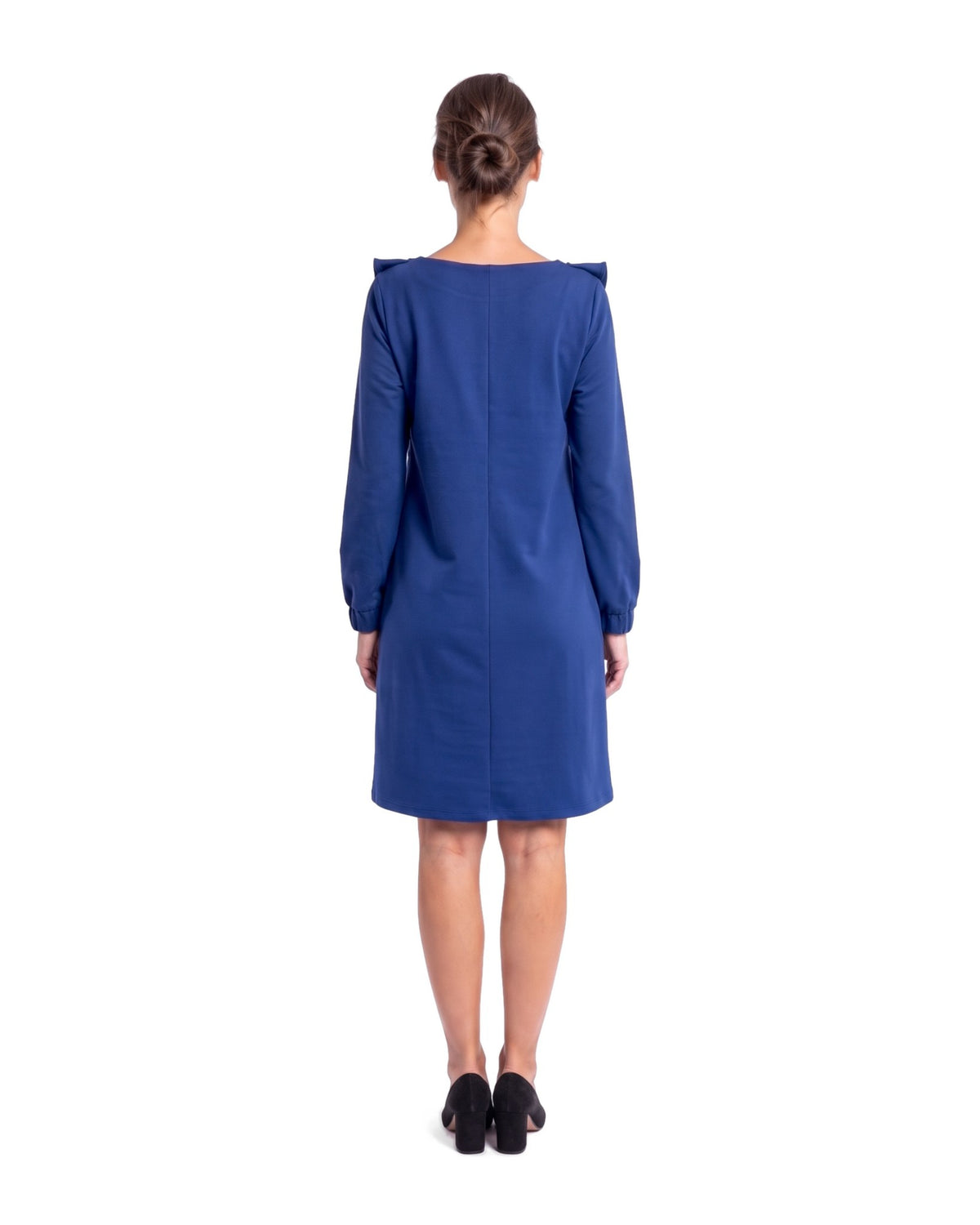 BUTTERFLY – Italian Punto Milano Ruffle A-Line Dress – sapphire blue dress, back view: centre back seam and long sleeves with elastic cuffs, full length on a white background #Color_Sapphire blue