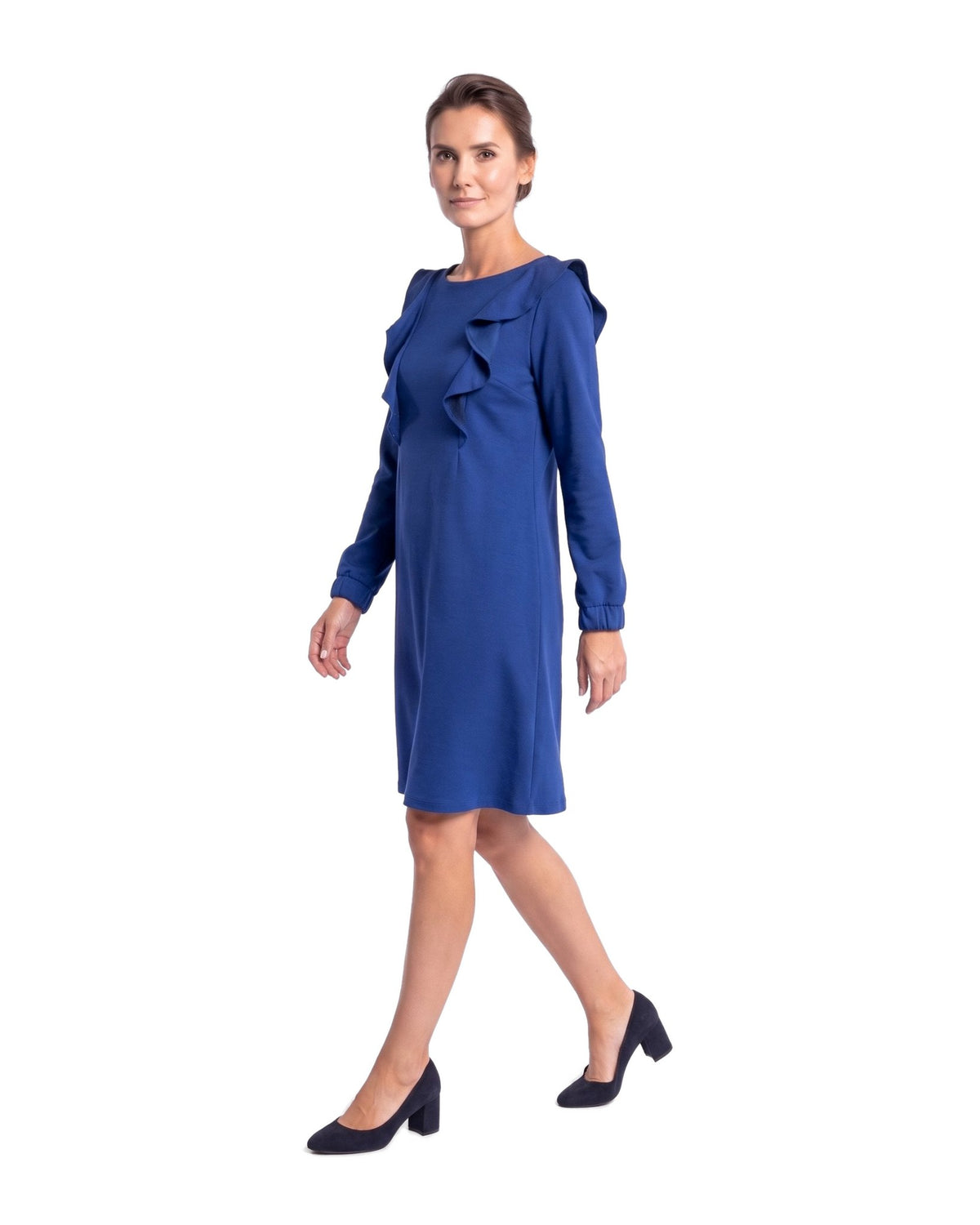 BUTTERFLY – Italian Punto Milano Ruffle A-Line Dress – sapphire blue dress, three-quarter side view in motion showing the two front ruffles and the A-line drape #Color_Sapphire blue