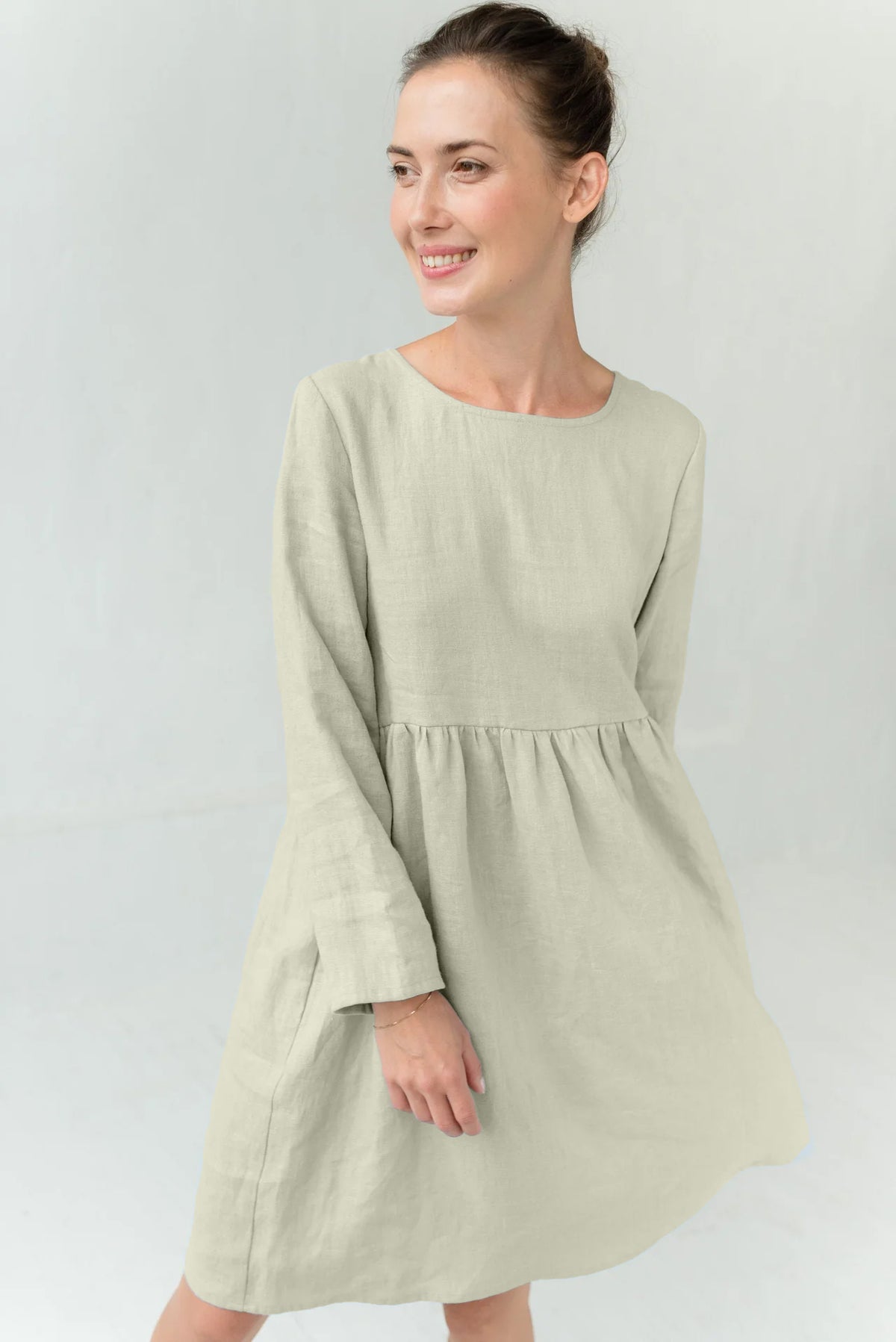 LeMuse CANDY linen dress in beige – studio front #Color_Beige