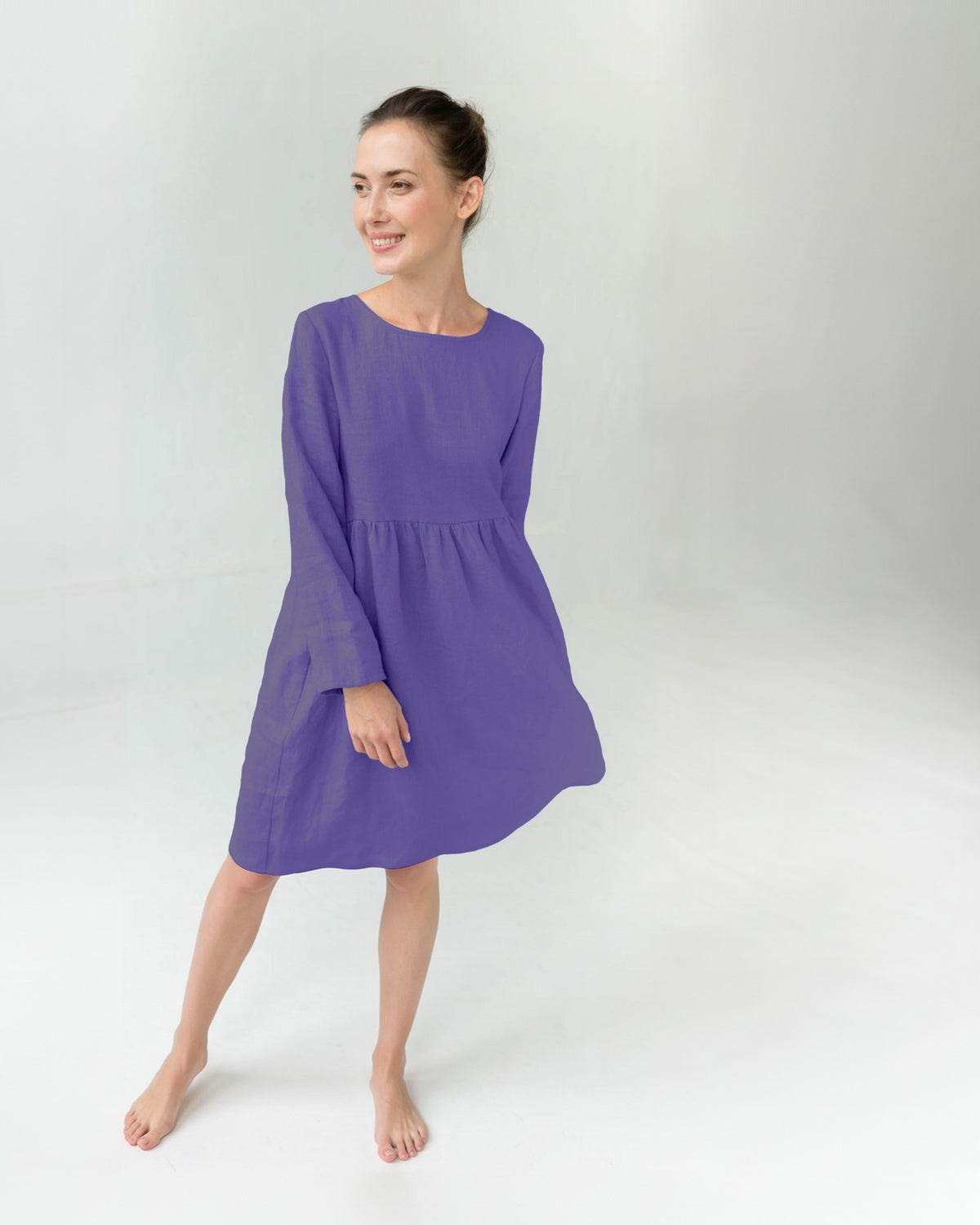 CANDY – Linen Blend Long Sleeve Gathered Dress – Purple suknelė, priekis #Color_Purple