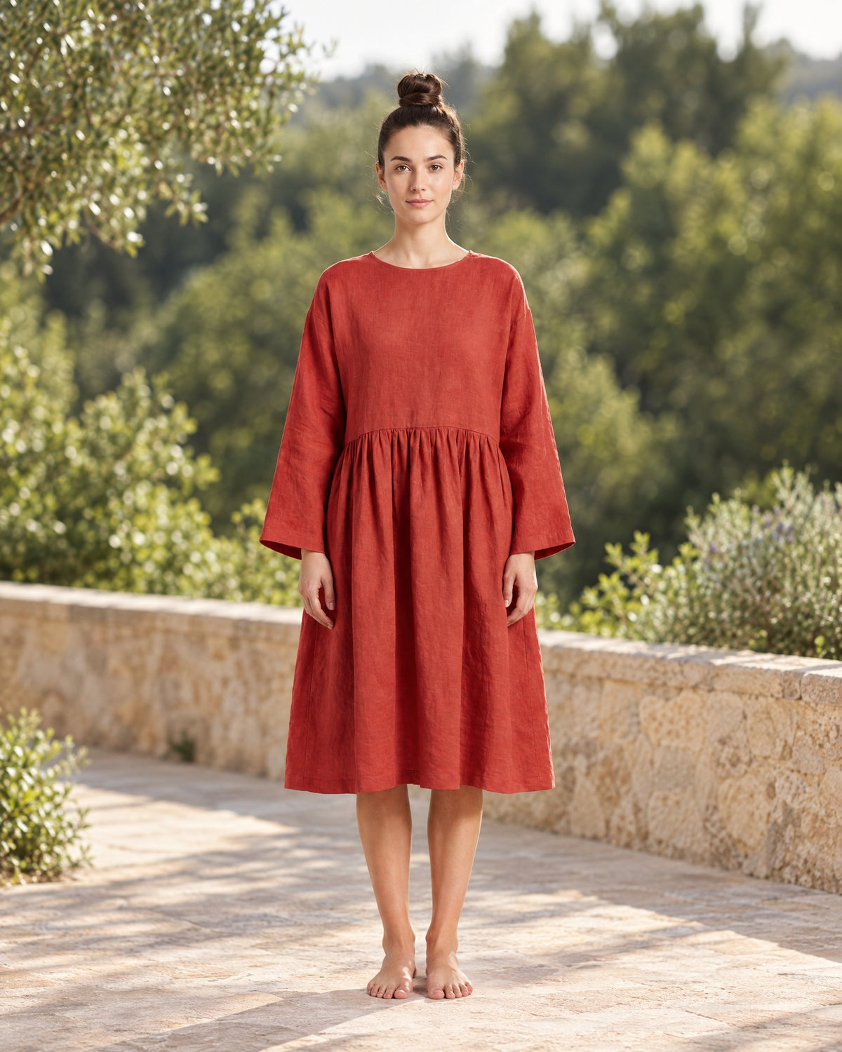 CANDY – Linen Blend Long Sleeve Gathered Dress – Red suknelė, lifestyle #Color_Red