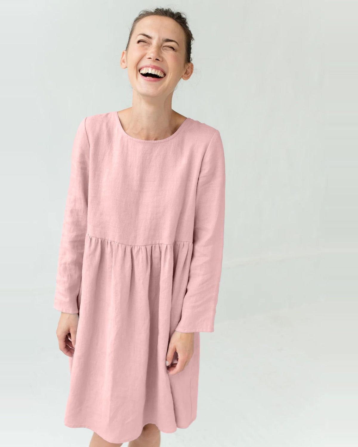 LeMuse CANDY rožinės spalvos lininė suknelė – priekis studijoje #Color_Rose