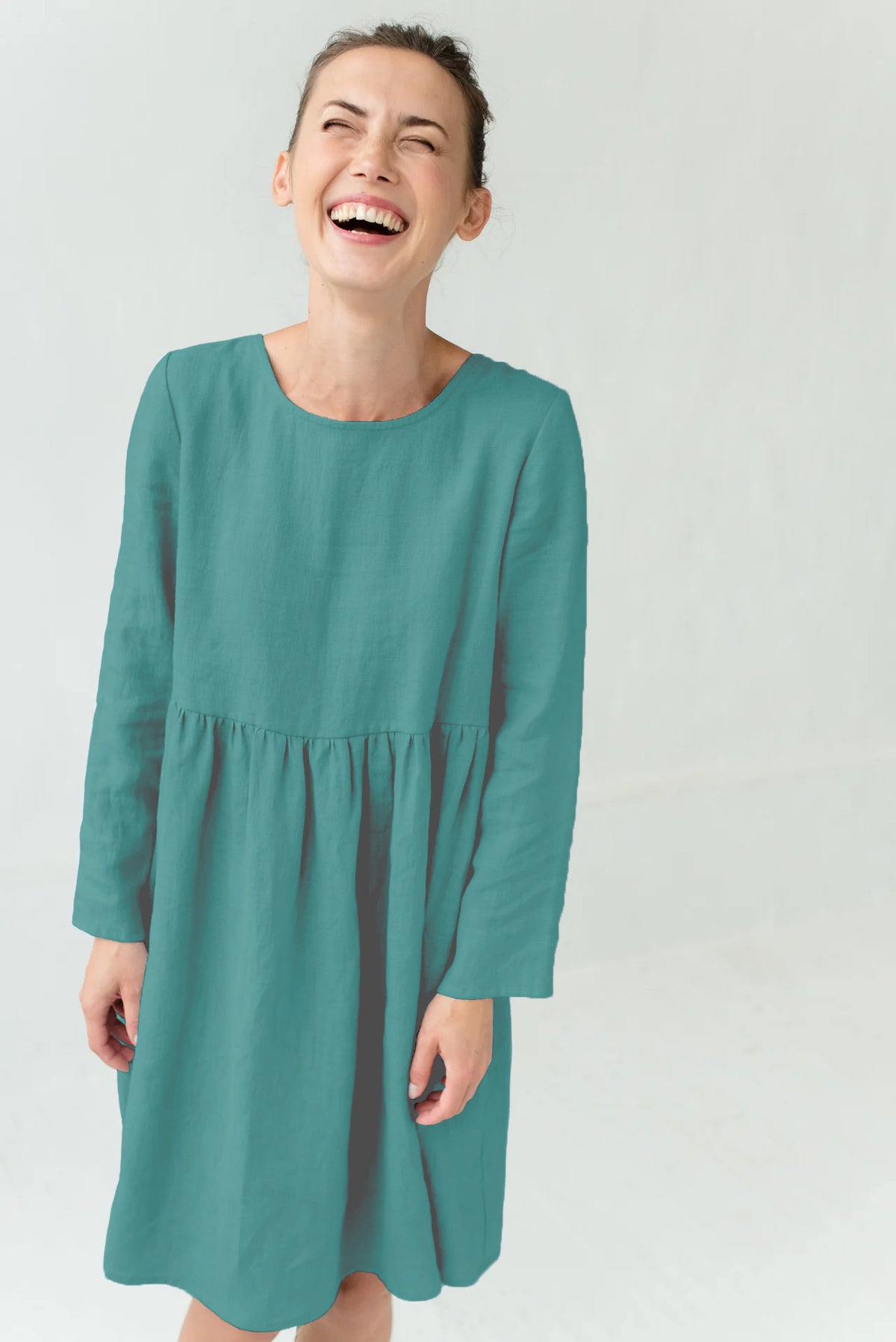 LeMuse CANDY linen dress in teal – studio front #Color_Teal