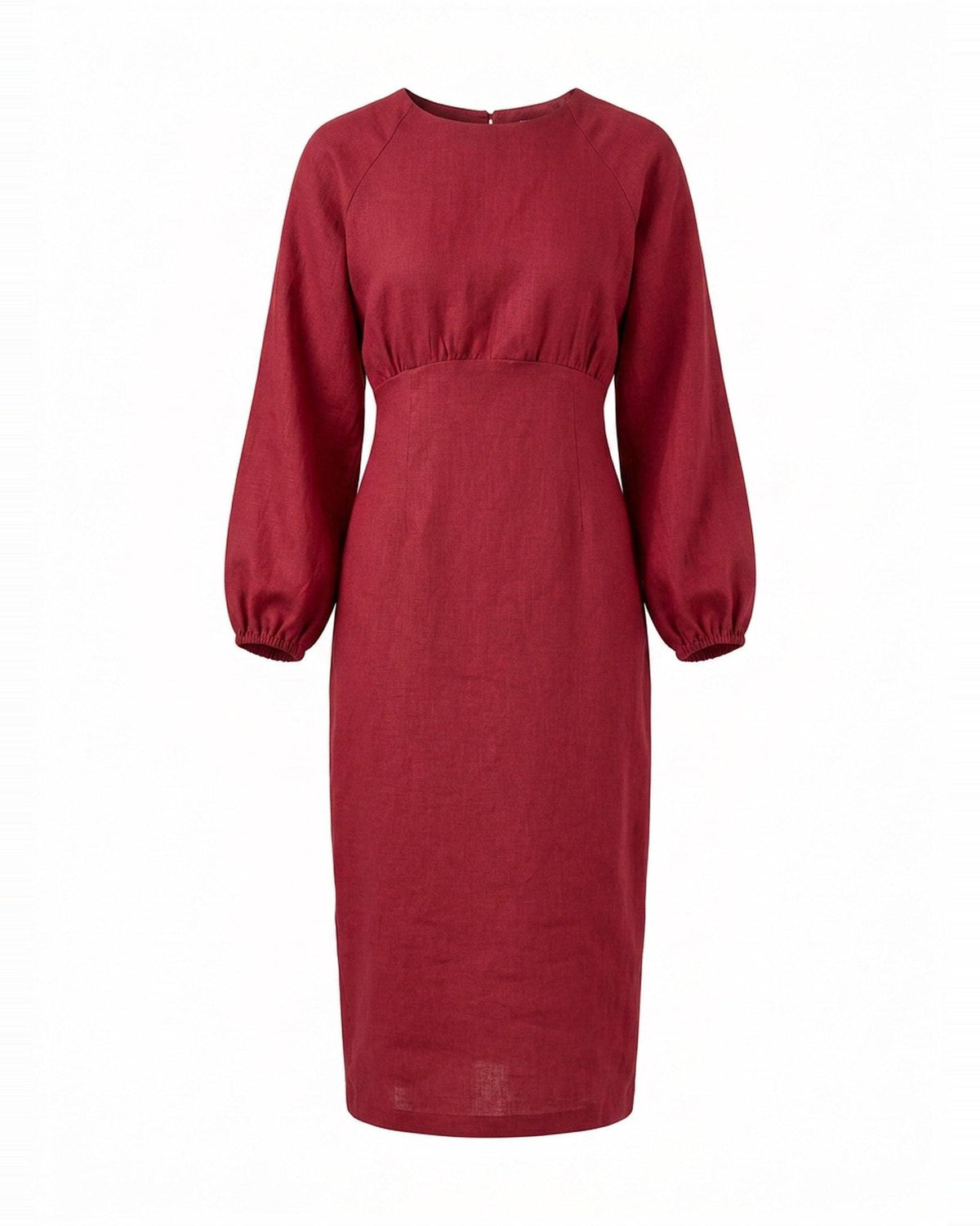A long-sleeved midi dress in cerise red color, featuring a gathered waist and a simple round neckline, shown against a plain white background. #Color_Cerise