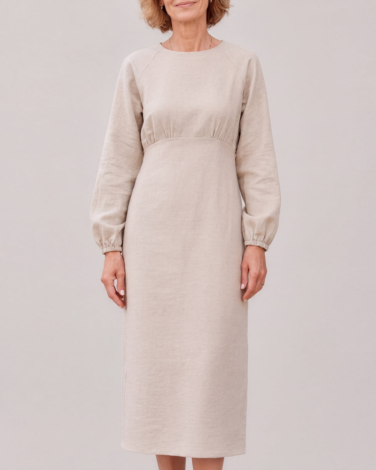 CAROLINE Beige linen blend blouson sleeve midi dress, close front view