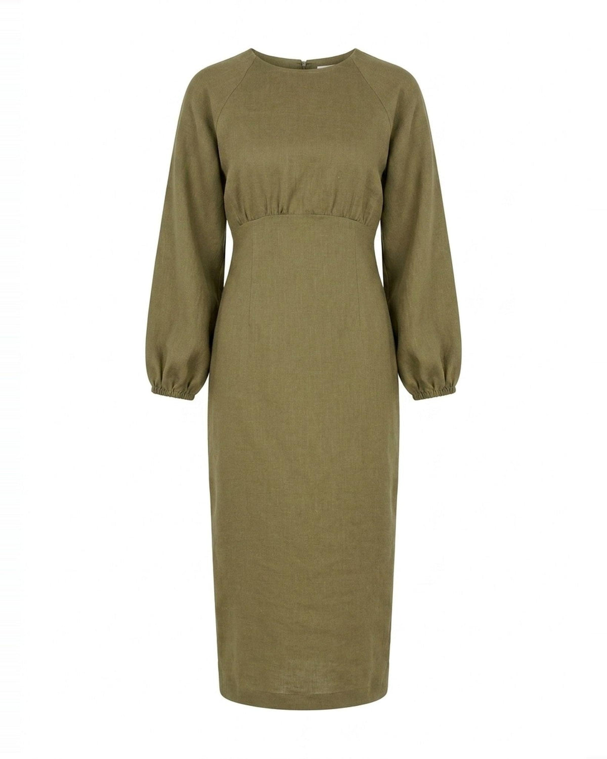 An olive green long-sleeve midi dress with a gathered waist and raglan sleeves, shown on a plain white background. #Color_Olive green
